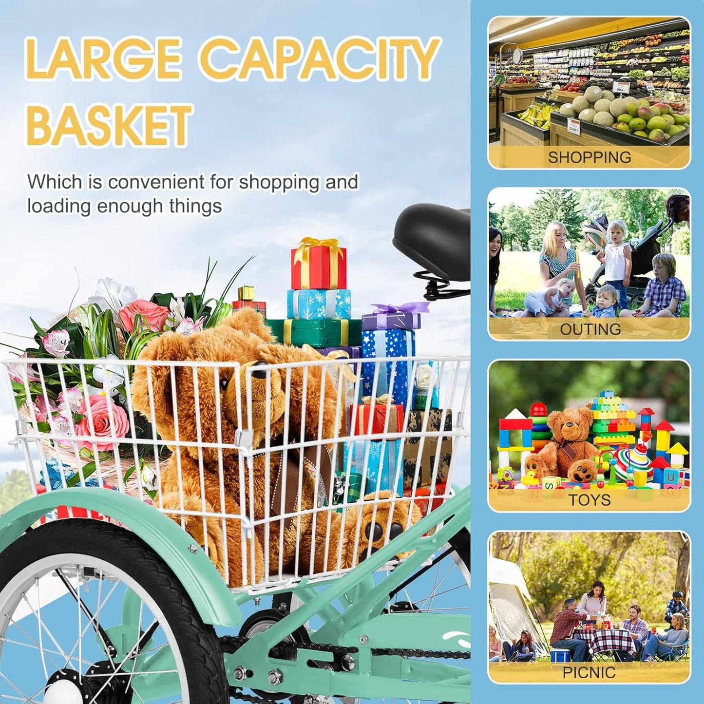 Lilypelle 16 inch Tricycle Kids Trikes for Beginner Riders, Single Speed 3 Wheel Bikes for Boys Girls, Low Step Through Three-Wheeled Bicycles with Rear Basket