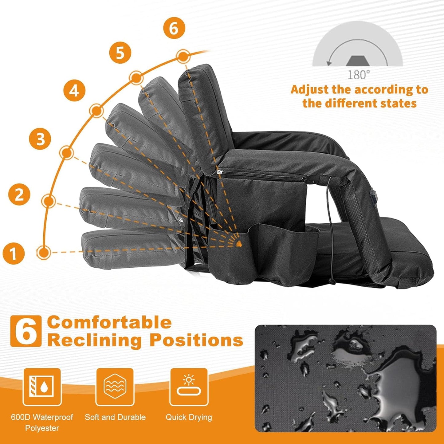 LILYPELLE 2Pcs Double Heated Stadium Seats for Bleachers with Back Support , Heated Stadium Chair for Outdoor Sport Events, 6 Reclining Positions, USB 3 Levels of Heat
