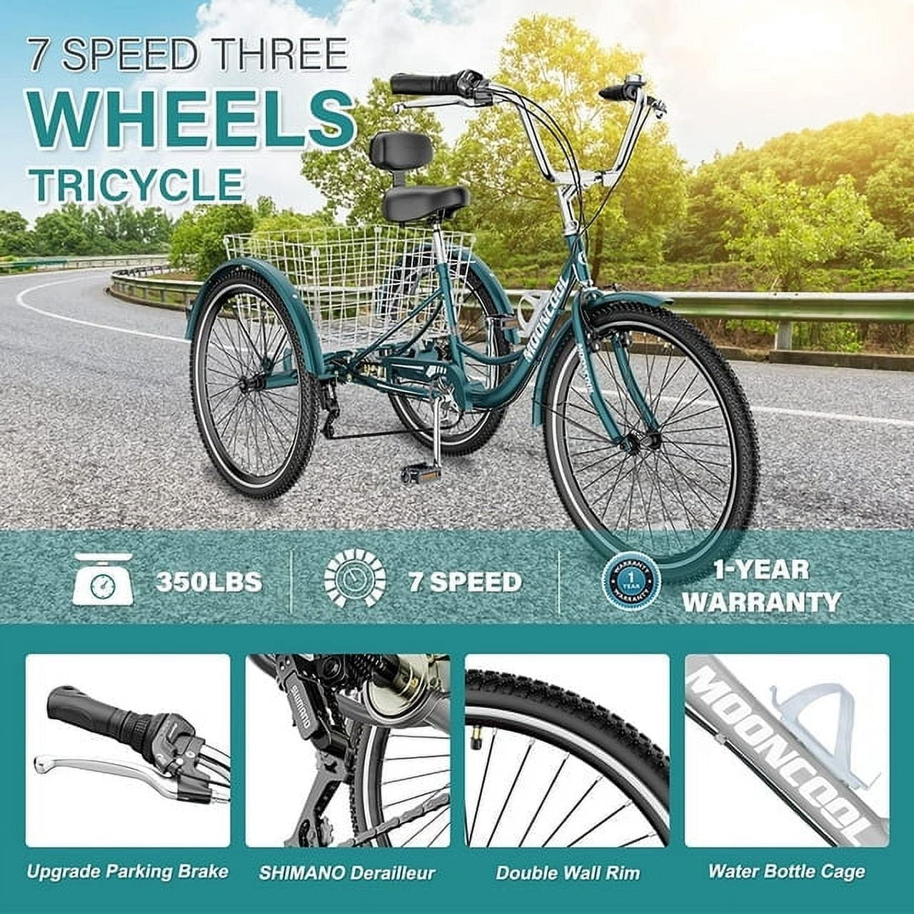Lilypelle Adult Tricycles 7 Speed 24 inch Three Wheel Bike Cruiser Trike with Low-Step Through Frame/Large Basket for Men, Women, Seniors,Peacock Green