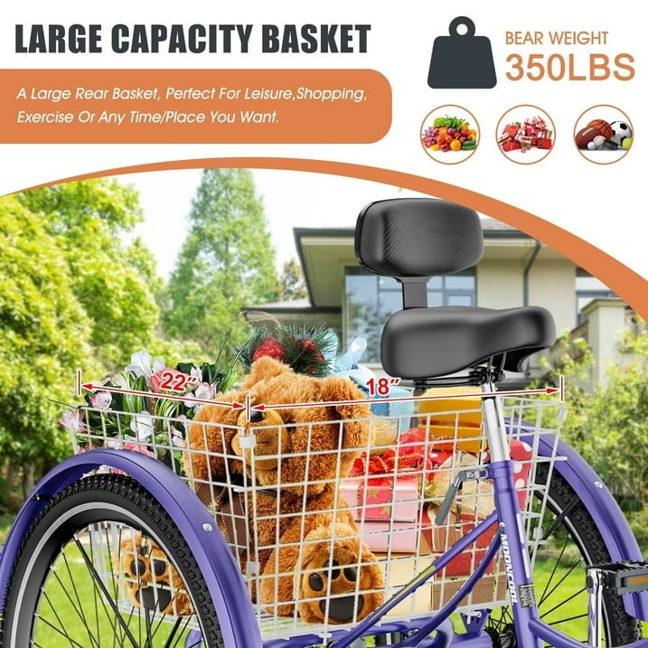 Lilypelle Adult Tricycles 7 Speed 24 inch Three Wheel Bike Cruiser Trike with Low-Step Through Frame/Large Basket for Men, Women, Seniors,Purple