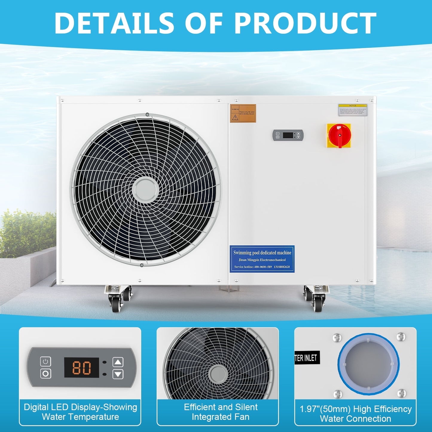Lilypelle 30000 BTU Electric Pool Heaters with Wheels for 8000GAL Above Ground Pools,110V 60HZ Efficient, Quiet Pool Heat Pump With Anti-leakage system and Child Lock Up to 107℉,50dB,5.6COP