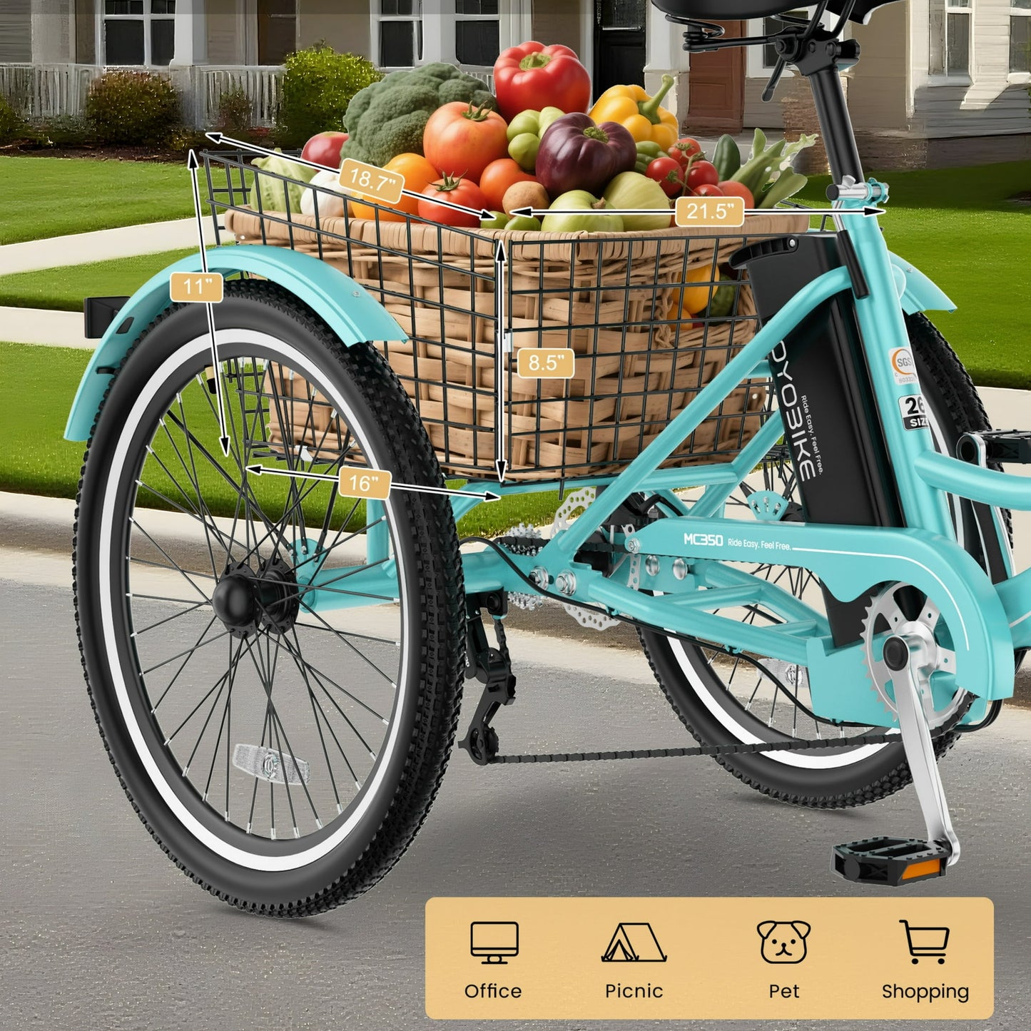 MOONCOOL MC350 Electric Tricycle for Adults, 350W Motorized Electric trike with 36V 10.4Ah Removable lithium battery,24"/26" 7 Speeds 3 Wheels Electric Bikes
