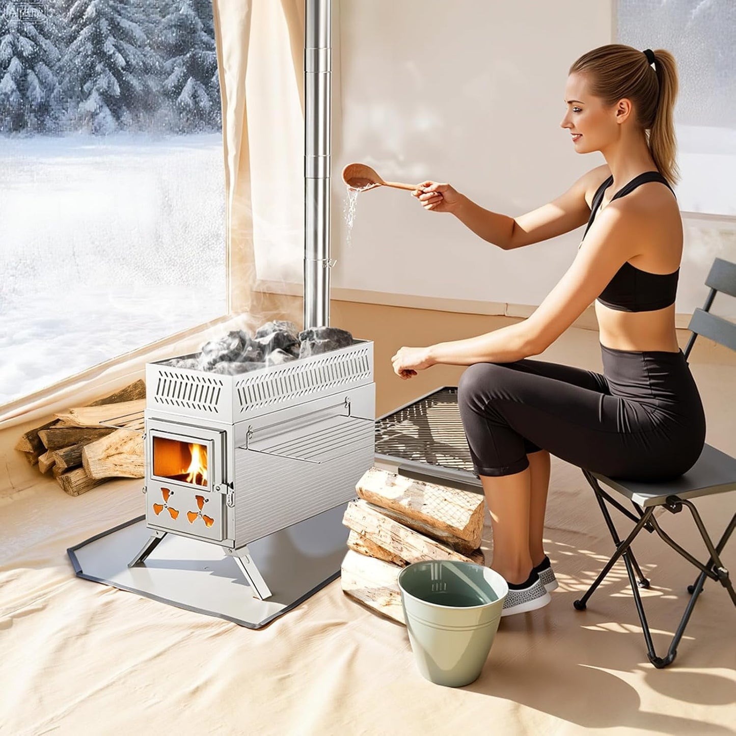 Lilypelle Portable Wood Burning Sauna Hot Tent Stove, 2 in 1 Tent Wood Burning Stove with Chimney Pipe for Outdoor Camping Heating