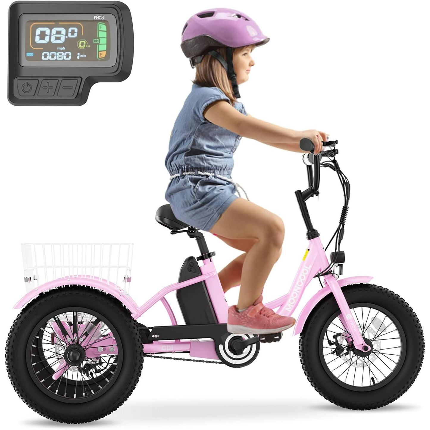 Mooncool Electric Tricycle for Kids , 3 Wheels 16"x3" Fat Tire Tricycle Electric Trike Cruiser Bicycle, 250W Aluminum Frame Electric Trikes Etrike with 10.4Ah Removable Battery and Rear Basket