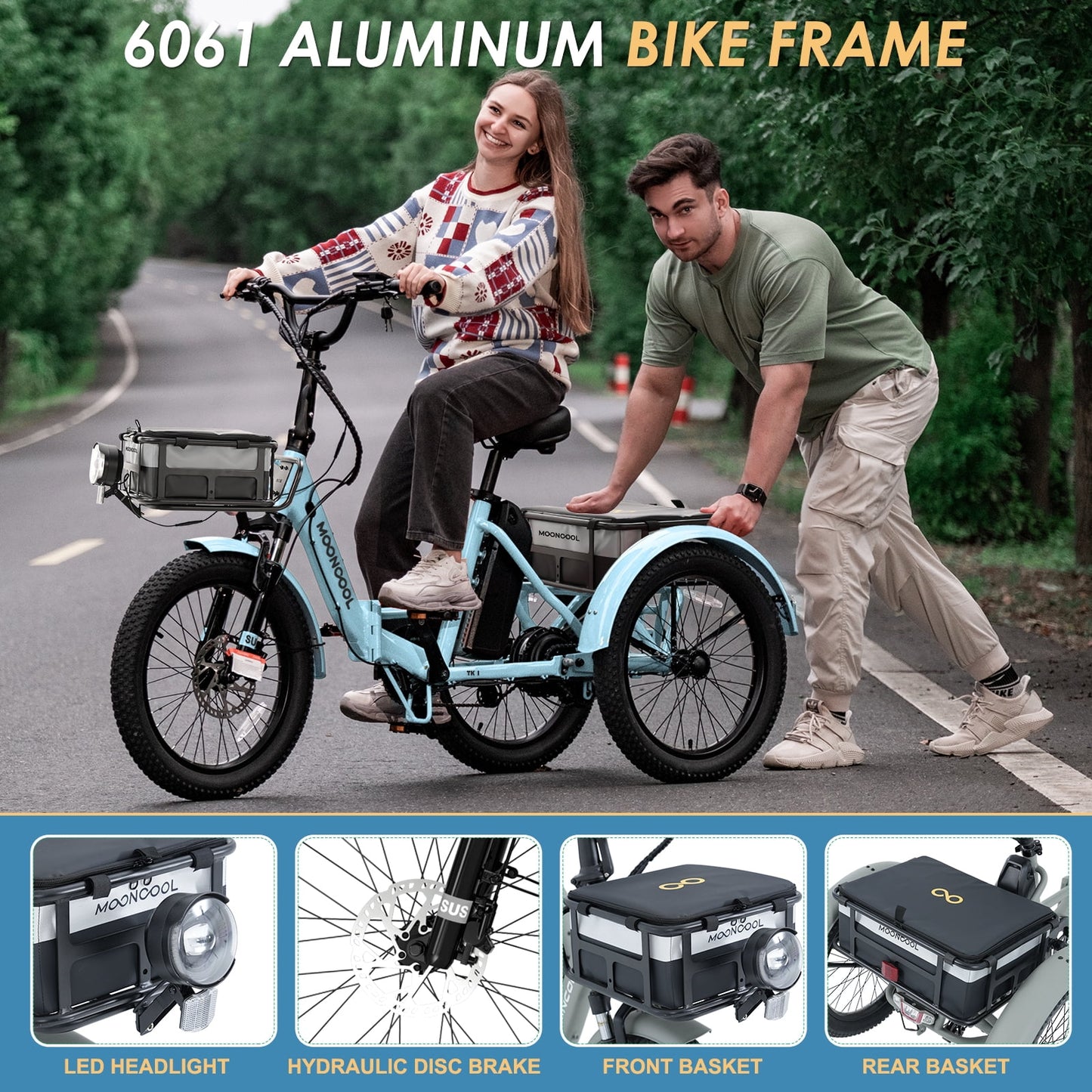 MOONCOOL Electric Trike, Electric Tricycle for Adults, 20" Folding 3 Wheels Electric Bicycle, 48V 750W Motorized Three Wheel Ebike with Aluminum Frame, Removable Battery and Basket, UL2849