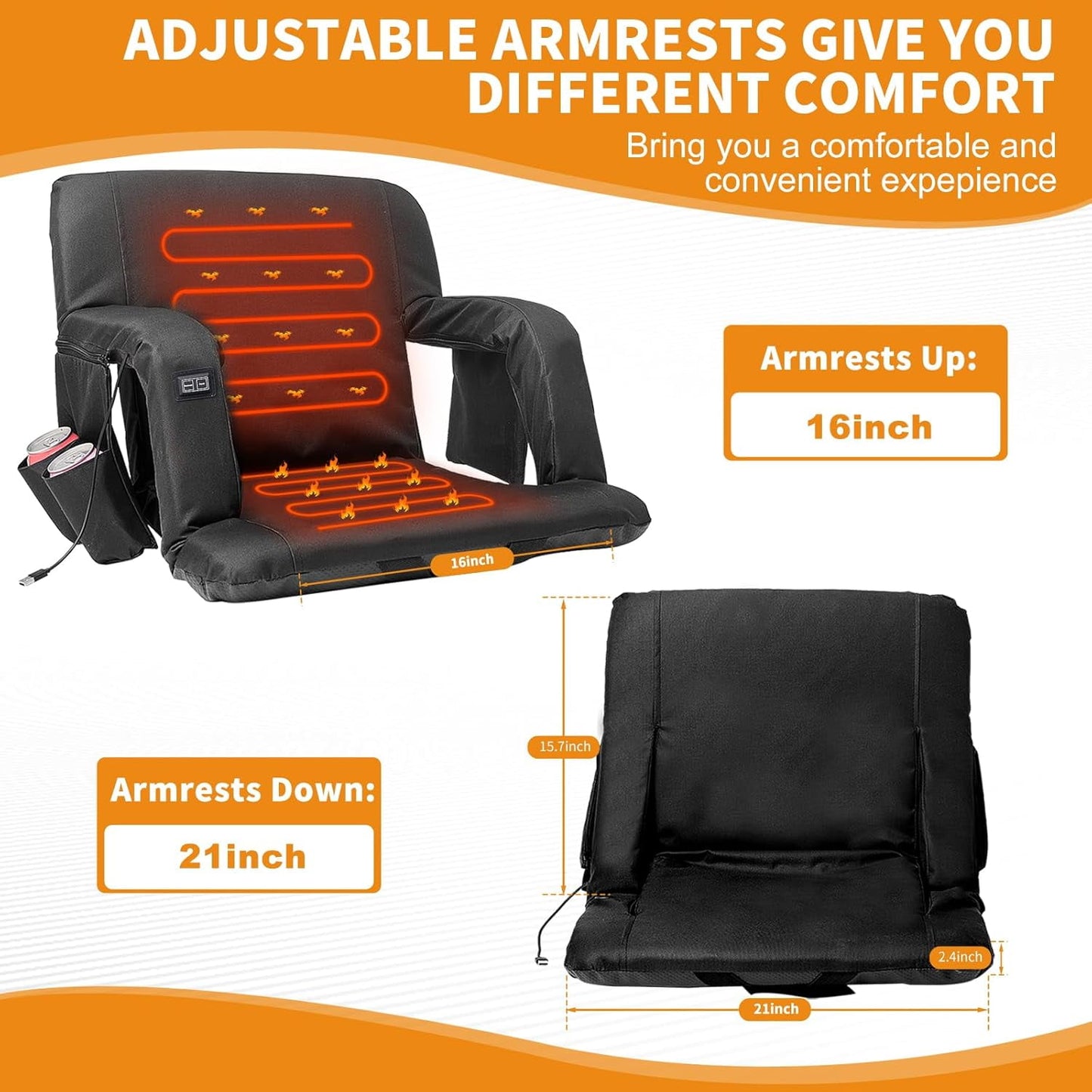 LILYPELLE 2Pcs Double Heated Stadium Seats for Bleachers with Back Support , Heated Stadium Chair for Outdoor Sport Events, 6 Reclining Positions, USB 3 Levels of Heat