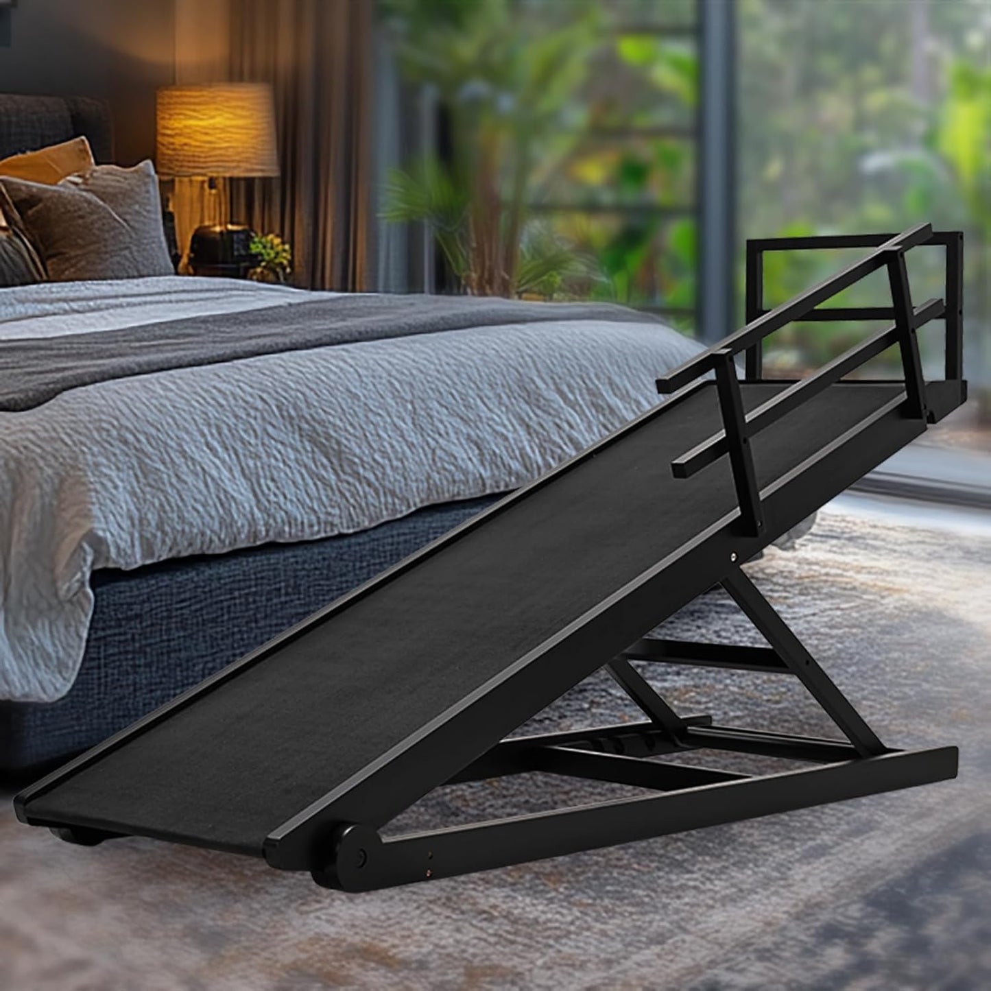 Dog Ramp for Bed, 5 Level Adjustable Dog Ramp for High Beds, Upgrade Rubber Mat High Traction Ramp with Safety Rails, Folding Pet Ramp for Bed, Couch,SUV, Natural Wood Pet Ramp for Small & Old Dogs