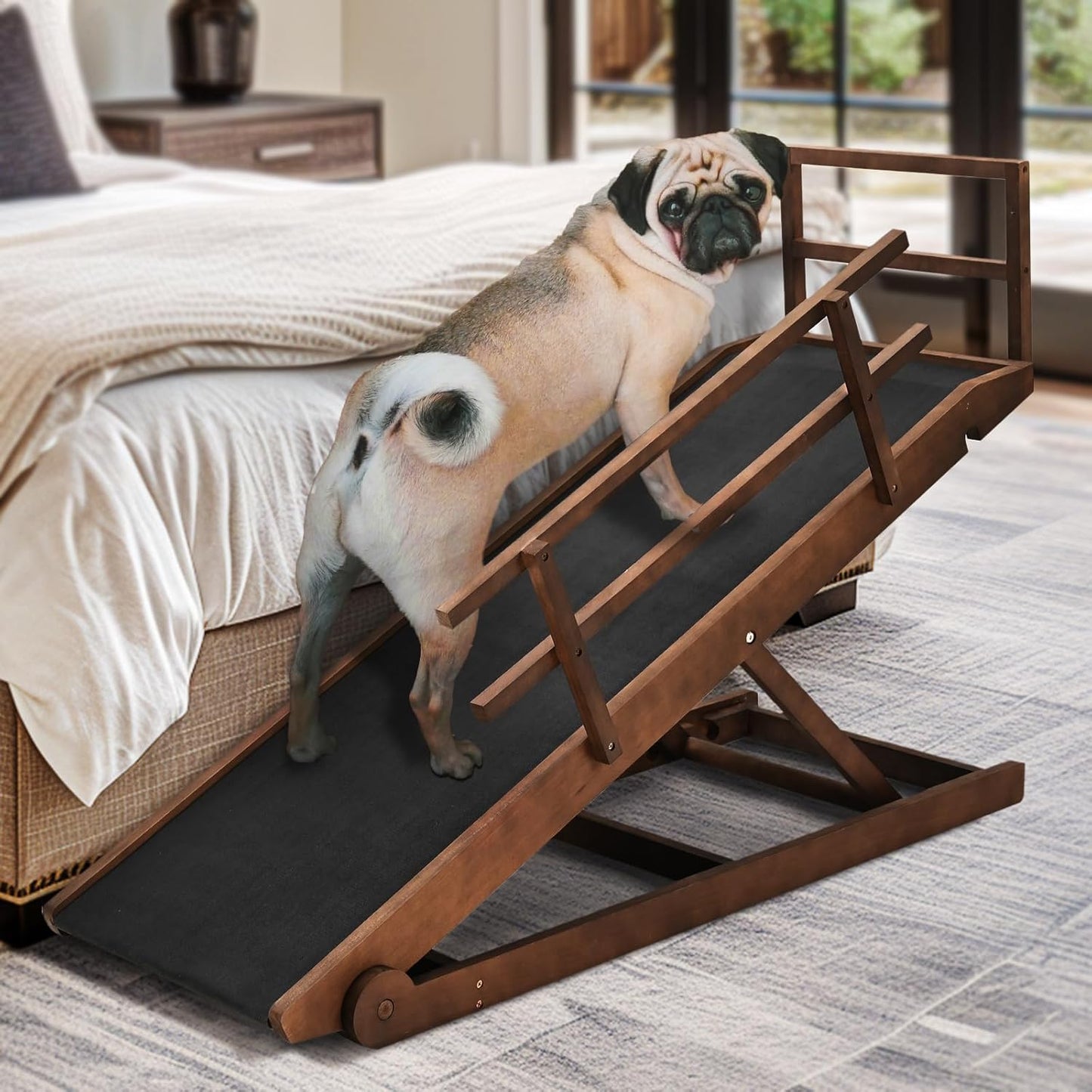 Dog Ramp for Bed, Adjustable Pet Ramps for Dog to Get on Bed, Non-Slip Rubber Surface - Folding Wooden Dog Ramp for Small/Large/Old Dogs