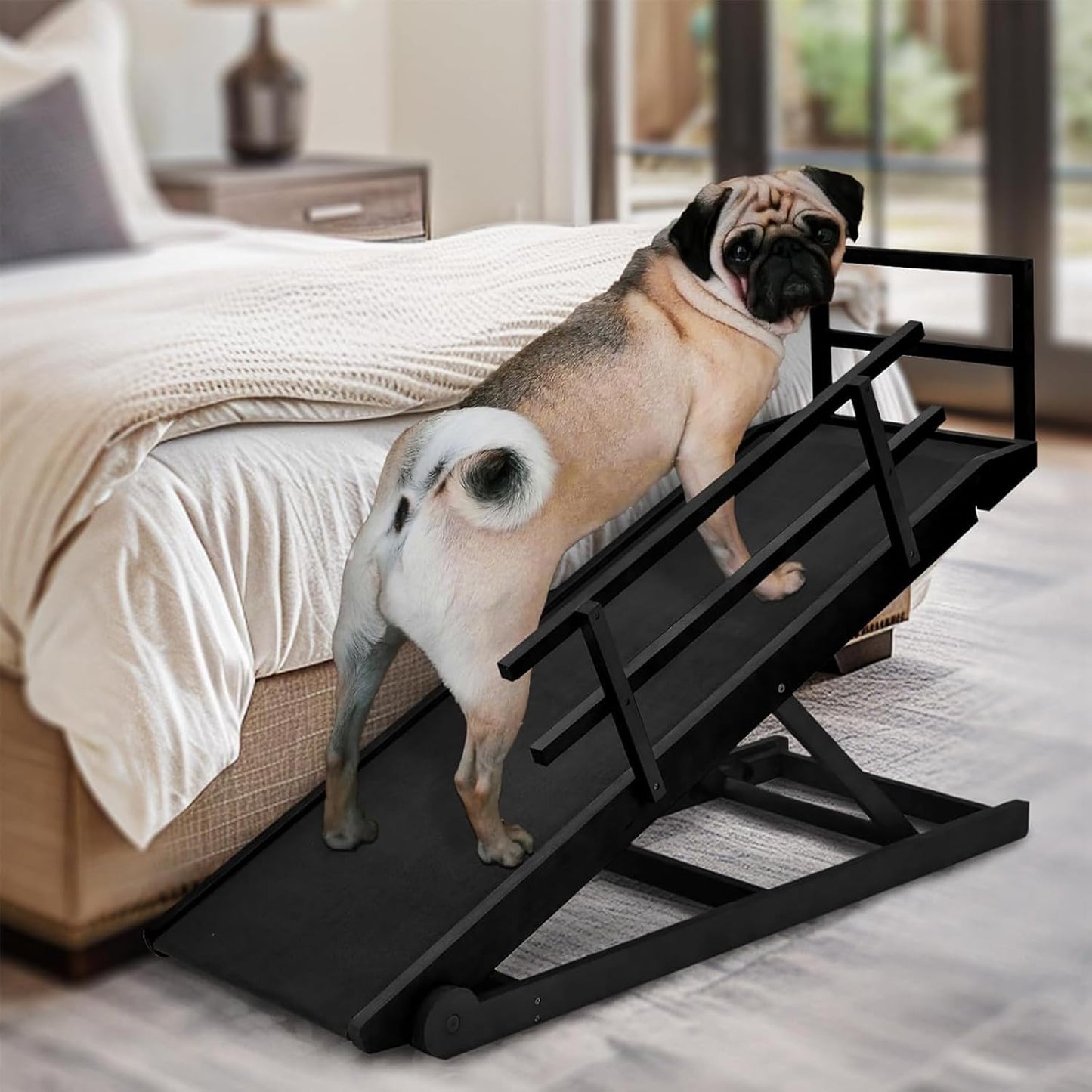 Dog Ramp for Bed, Adjustable Pet Ramps for Dog to Get on Bed, Non-Slip Rubber Surface - Folding Wooden Dog Ramp for Small/Large/Old Dogs