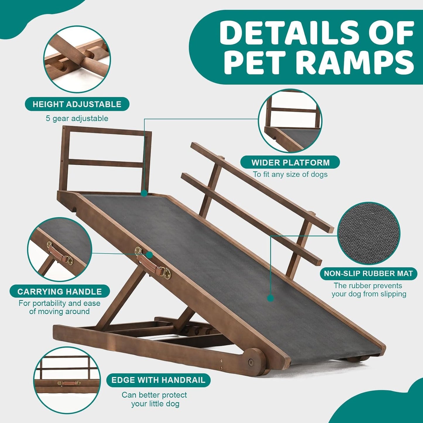 Dog Ramp for Bed, Adjustable Pet Ramps for Dog to Get on Bed, Non-Slip Rubber Surface - Folding Wooden Dog Ramp for Small/Large/Old Dogs