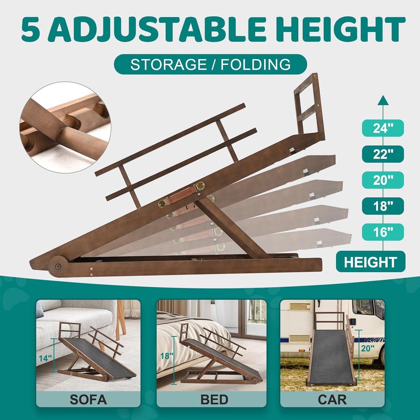 Dog Ramp for Bed, Adjustable Pet Ramps for Dog to Get on Bed, Non-Slip Rubber Surface - Folding Wooden Dog Ramp for Small/Large/Old Dogs