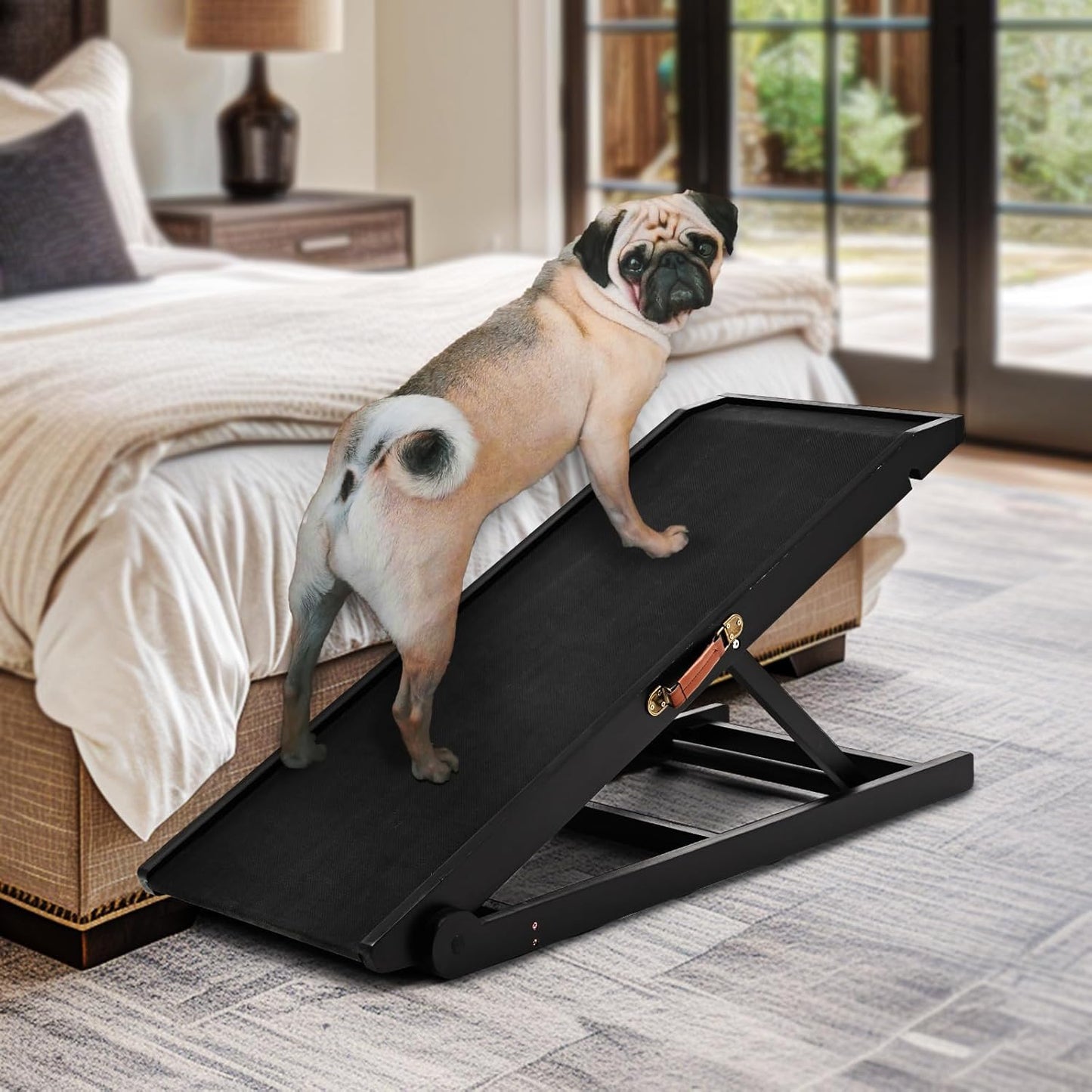 Dog Ramp for Bed, Adjustable Pet Ramps for Dog to Get on Bed, Non-Slip Rubber Surface - Folding Wooden Dog Ramp for Small/Large/Old Dogs