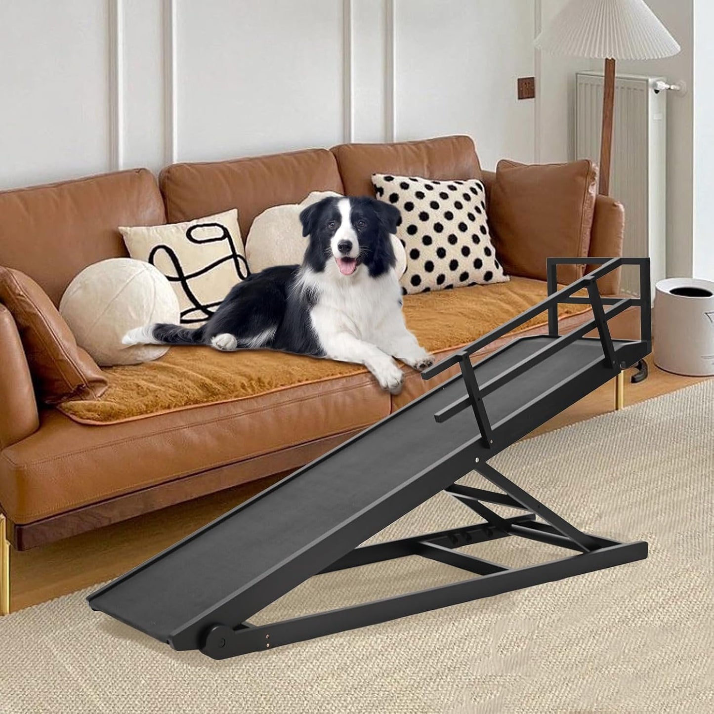 Dog Ramp for Bed, Adjustable Pet Ramps for Dog to Get on Bed, Non-Slip Rubber Surface - Folding Wooden Dog Ramp for Small/Large/Old Dogs