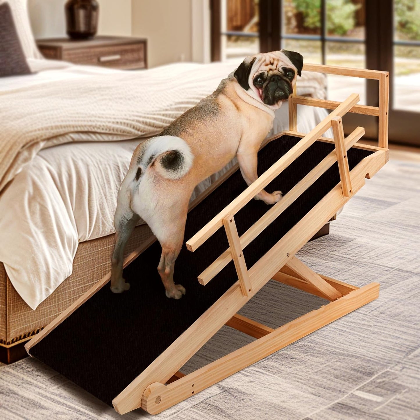 Dog Ramp for Bed, Adjustable Pet Ramps for Dog to Get on Bed, Non-Slip Rubber Surface - Folding Wooden Dog Ramp for Small/Large/Old Dogs