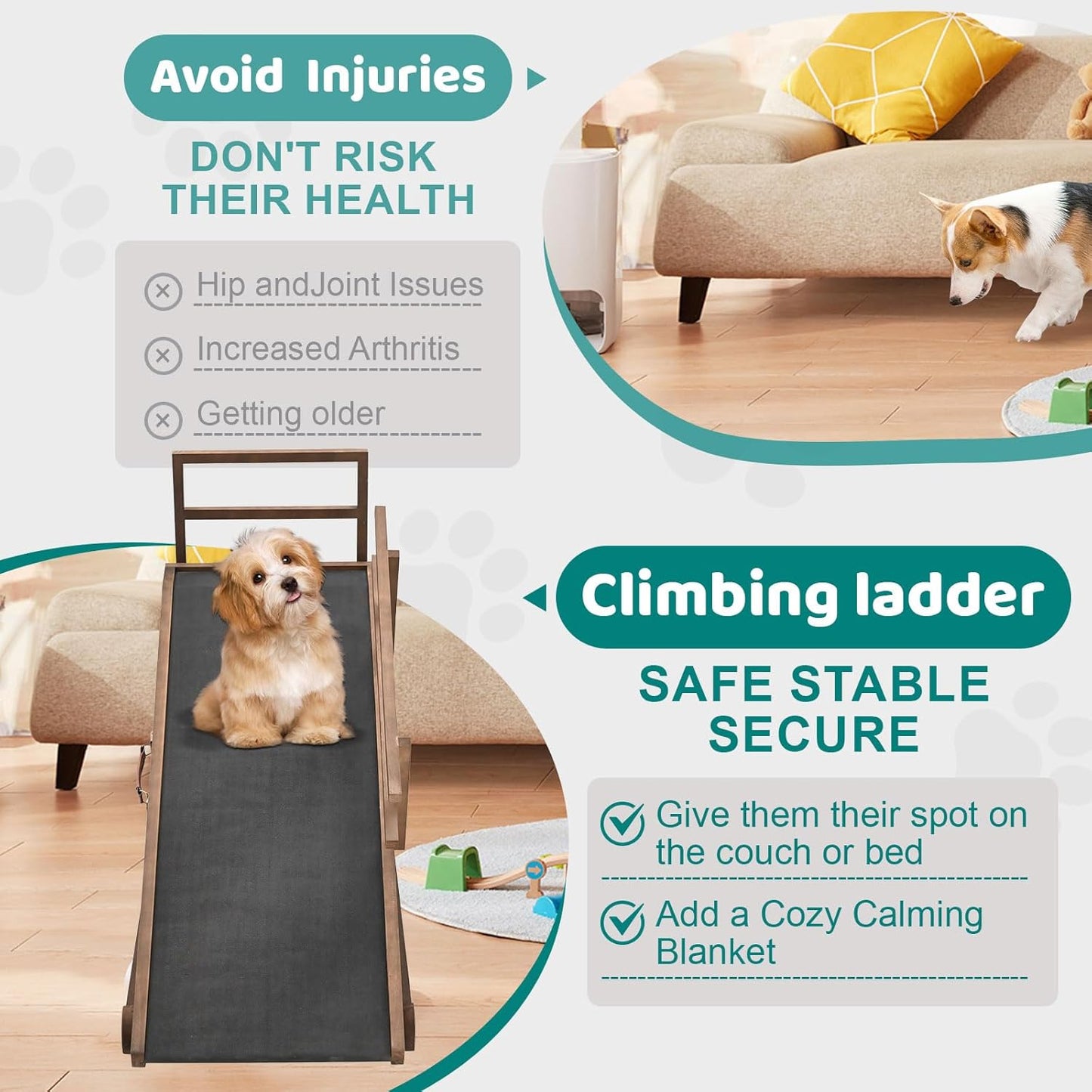 Dog Ramp for Bed, Adjustable Pet Ramps for Dog to Get on Bed, Non-Slip Rubber Surface - Folding Wooden Dog Ramp for Small/Large/Old Dogs