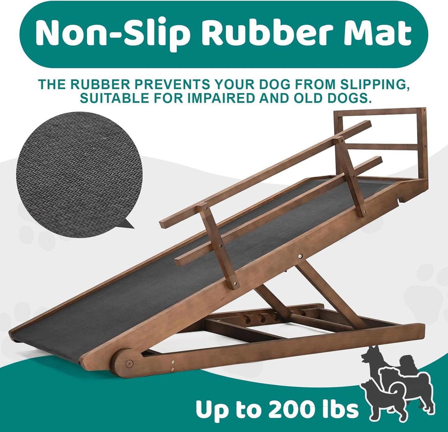 Dog Ramp for Bed, Adjustable Pet Ramps for Dog to Get on Bed, Non-Slip Rubber Surface - Folding Wooden Dog Ramp for Small/Large/Old Dogs