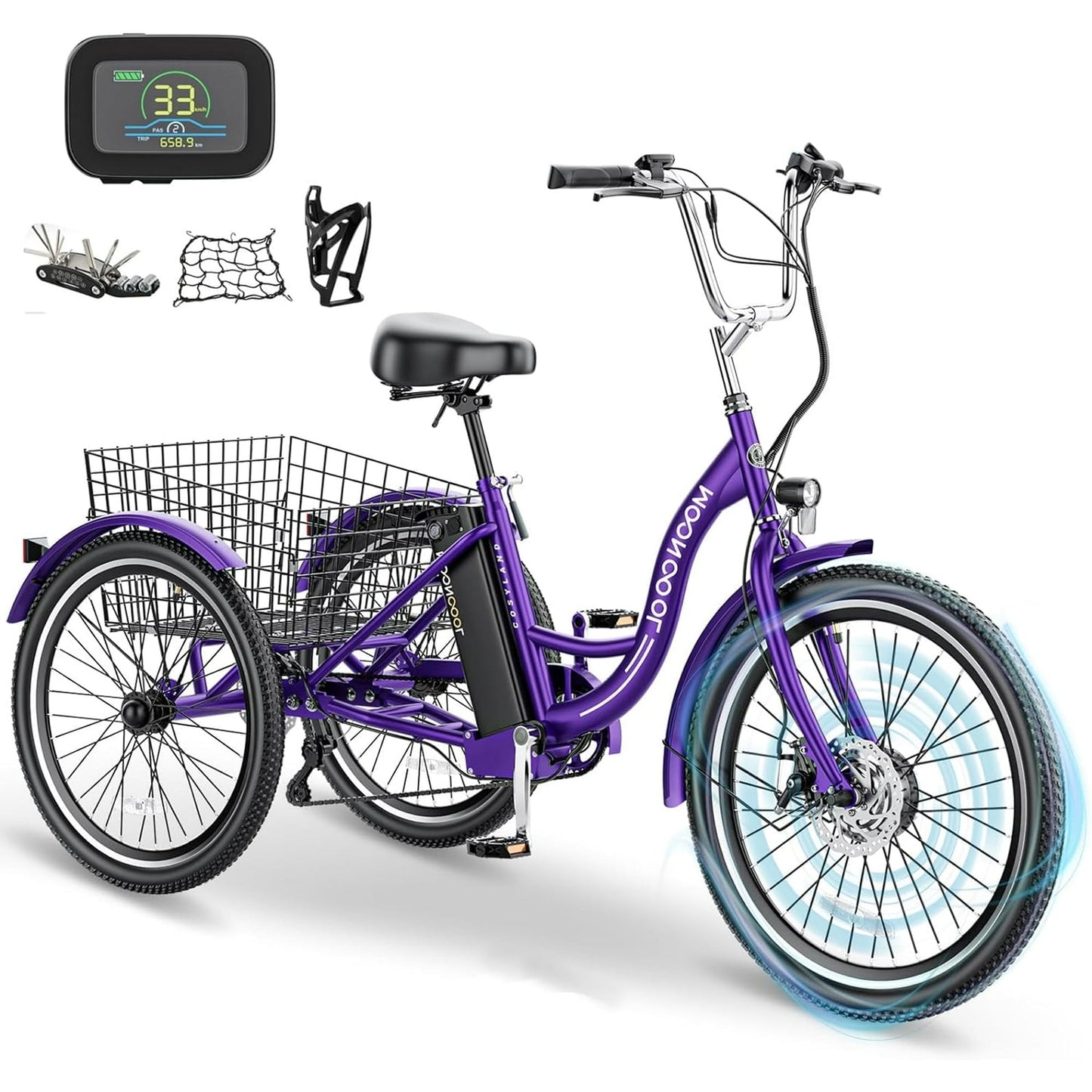 Lilypelle 24" 26" 3 Wheel Electric Tricycle for Adults, 350W 36V 7 Speeds Motorized Electric Trike Three Wheel Electric Bikes Bicycle with Large Basket for Women Men,Purple
