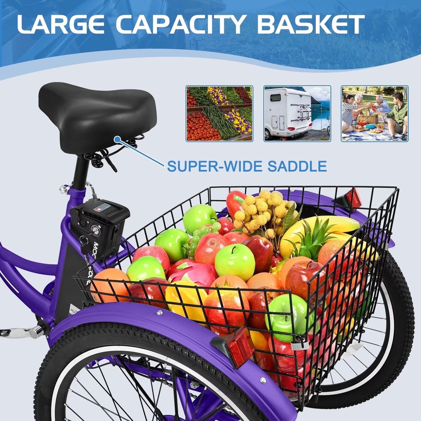 Lilypelle 24" 26" 3 Wheel Electric Tricycle for Adults, 350W 36V 7 Speeds Motorized Electric Trike Three Wheel Electric Bikes Bicycle with Large Basket for Women Men,Purple