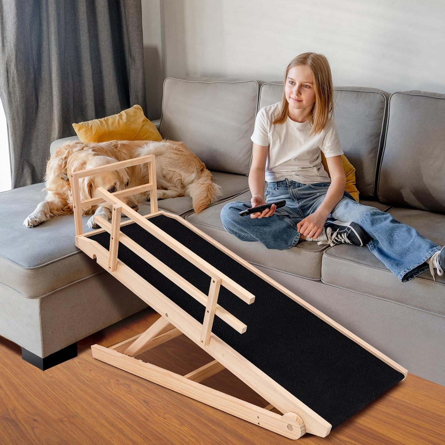 Dog Ramp for Bed, Adjustable Pet Ramps for Dog to Get on Bed, Non-Slip Rubber Surface - Folding Wooden Dog Ramp for Small/Large/Old Dogs