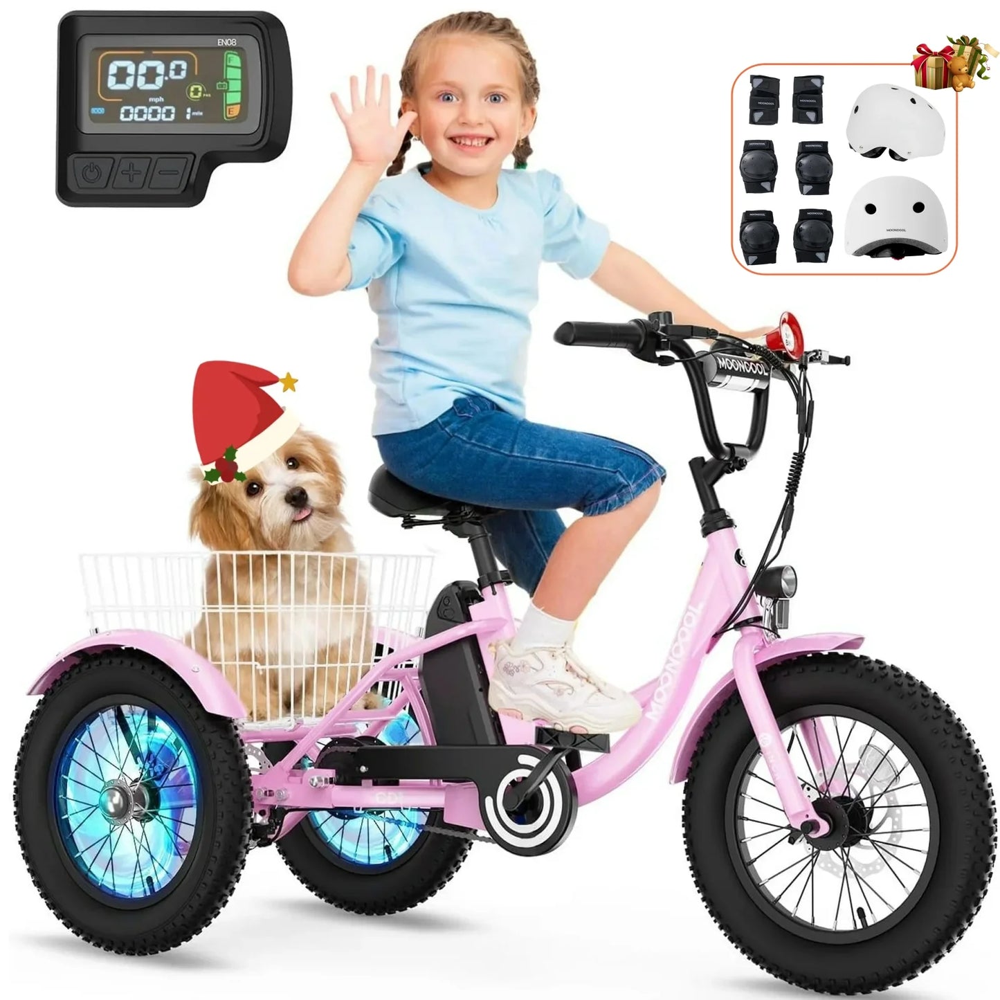Lilypelle Electric tricycle for Kids , 6/9/12Mph three wheel electric bike w/ 250W motor,24V 10.4Ah Battery, Headlights & Horn, Large Rear Basket ,2 sets of DIY stickers,16"x3" Wheel,30Miles