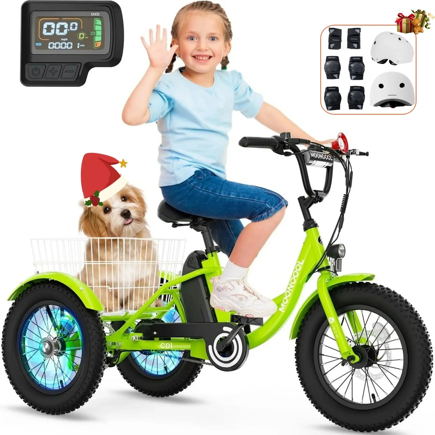 Lilypelle Electric tricycle for Kids , 6/9/12Mph three wheel electric bike w/ 250W motor,24V 10.4Ah Battery, Headlights & Horn, Large Rear Basket ,2 sets of DIY stickers,16"x3" Wheel,30Miles