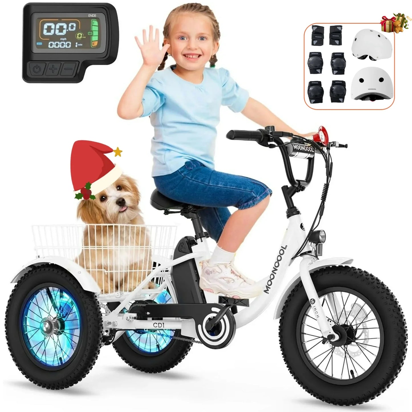 Lilypelle Electric tricycle for Kids , 6/9/12Mph three wheel electric bike w/ 250W motor,24V 10.4Ah Battery, Headlights & Horn, Large Rear Basket ,2 sets of DIY stickers,16"x3" Wheel,30Miles
