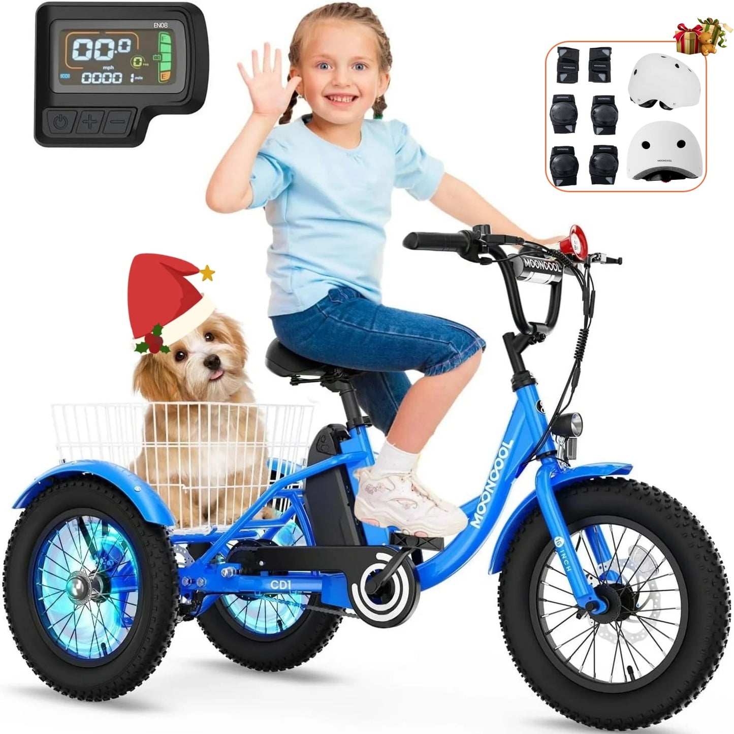 Lilypelle Electric tricycle for Kids , 6/9/12Mph three wheel electric bike w/ 250W motor,24V 10.4Ah Battery, Headlights & Horn, Large Rear Basket ,2 sets of DIY stickers,16"x3" Wheel,30Miles