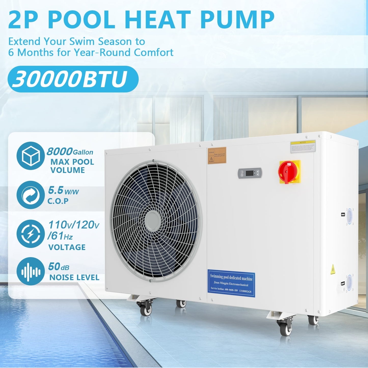 Lilypelle 30000 BTU Electric Pool Heaters with Wheels for 8000GAL Above Ground Pools,110V 60HZ Efficient, Quiet Pool Heat Pump With Anti-leakage system and Child Lock Up to 107℉,50dB,5.6COP