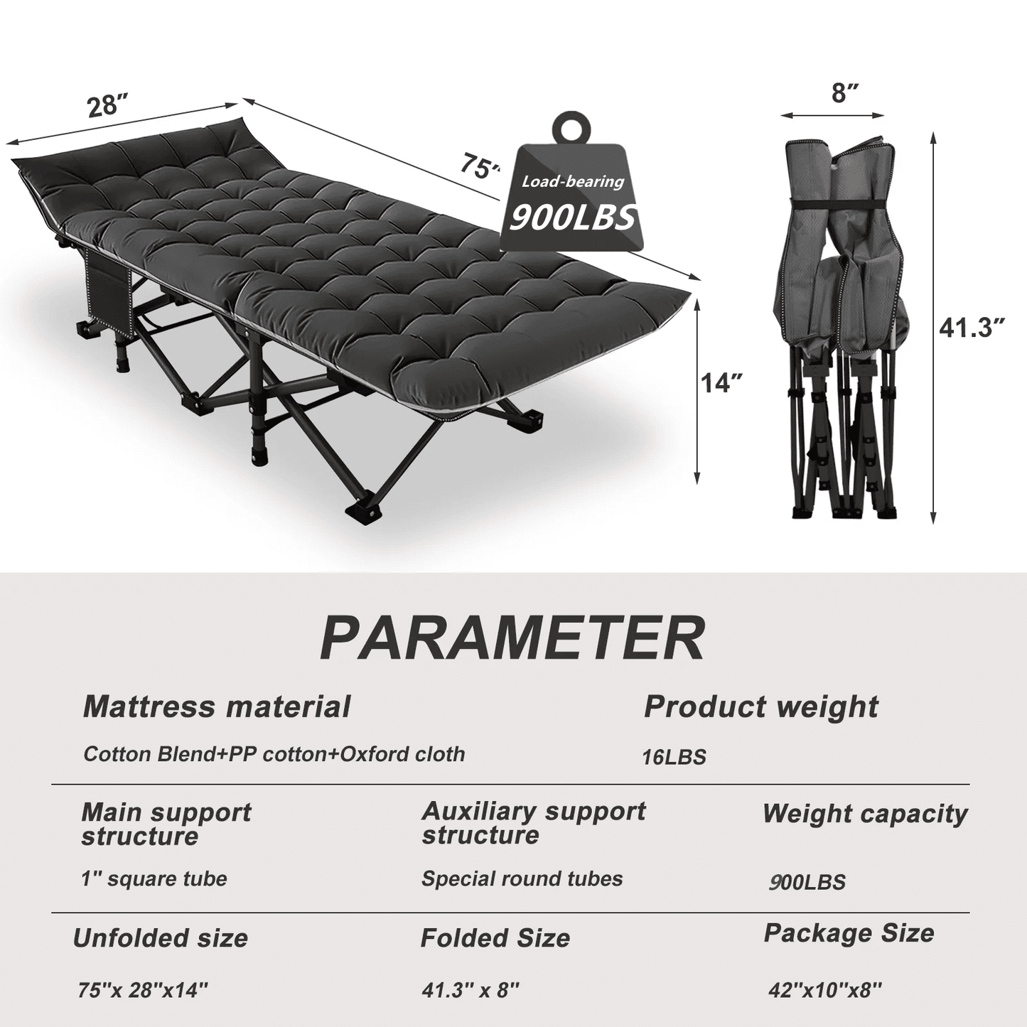 Lilypelle Folding Camping Cot for Adults, Portable Sleeping Cot, Folding Cot Rollaway Guest Bed with 3.3 inch 2 Sided Mattress and Carry Bag