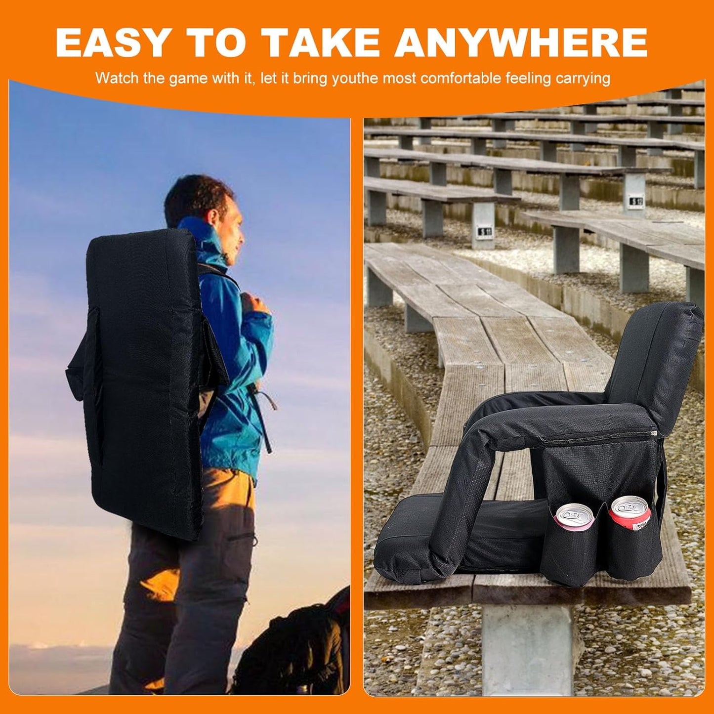 LILYPELLE 2Pcs Double Heated Stadium Seats for Bleachers with Back Support , Heated Stadium Chair for Outdoor Sport Events, 6 Reclining Positions, USB 3 Levels of Heat