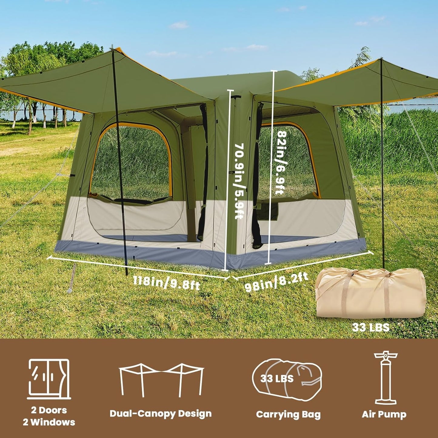 Lilypelle 4-6 Person Blow Up Inflatable Tent, 2-in-1 SUV Tailgate Hot Tent with Stove Jack, Easy Setup Camping Tent with Hand Pump, Waterproof Inflatable House for Outdoor