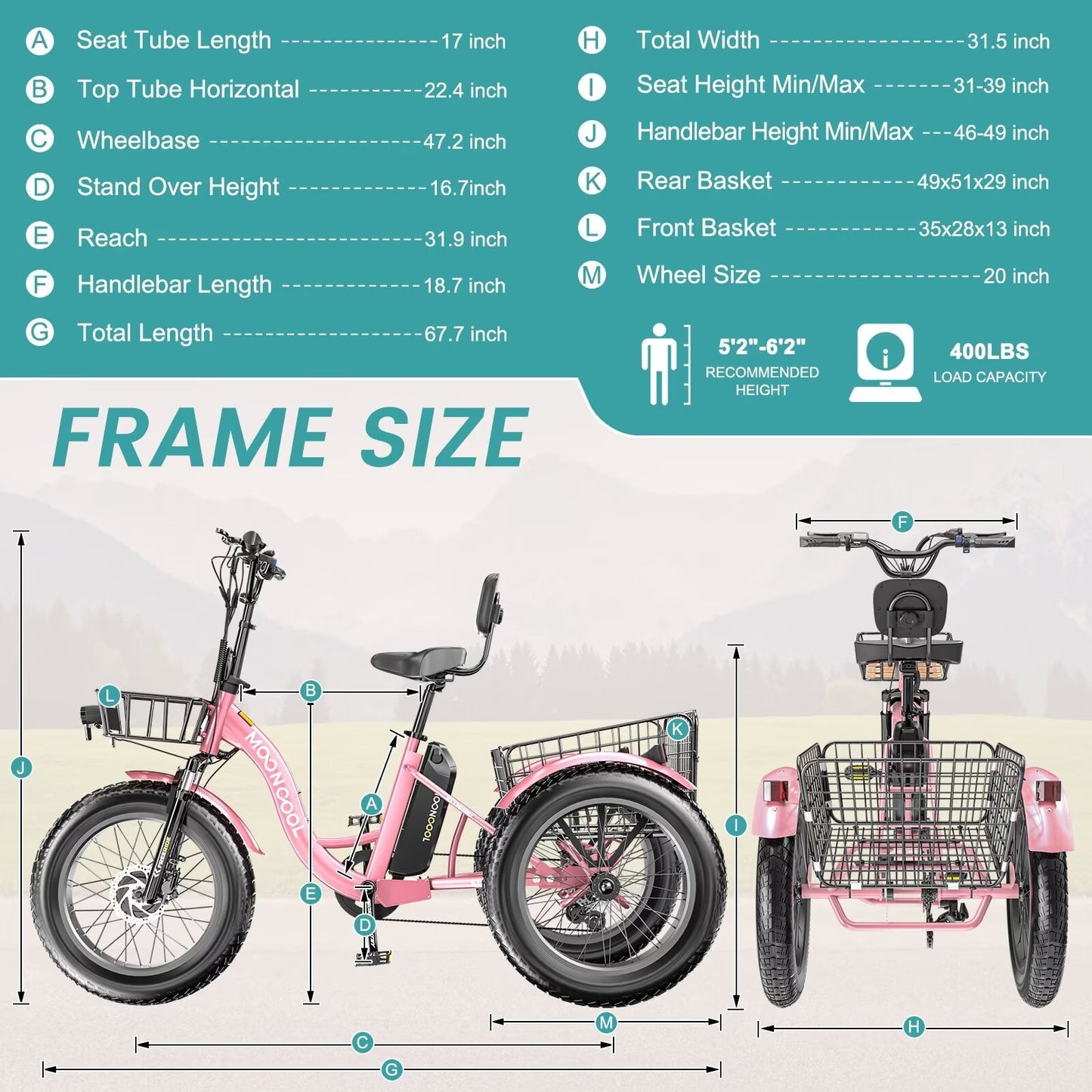 Lilypelle 7-Speed Electric Tricycle with 20" x 4" Fat Tires for Adults,500W 48V 14.5Ah Lithium Battery ,3 Wheels Electric bike with Front & Rear Basket for Men, Women,Senior