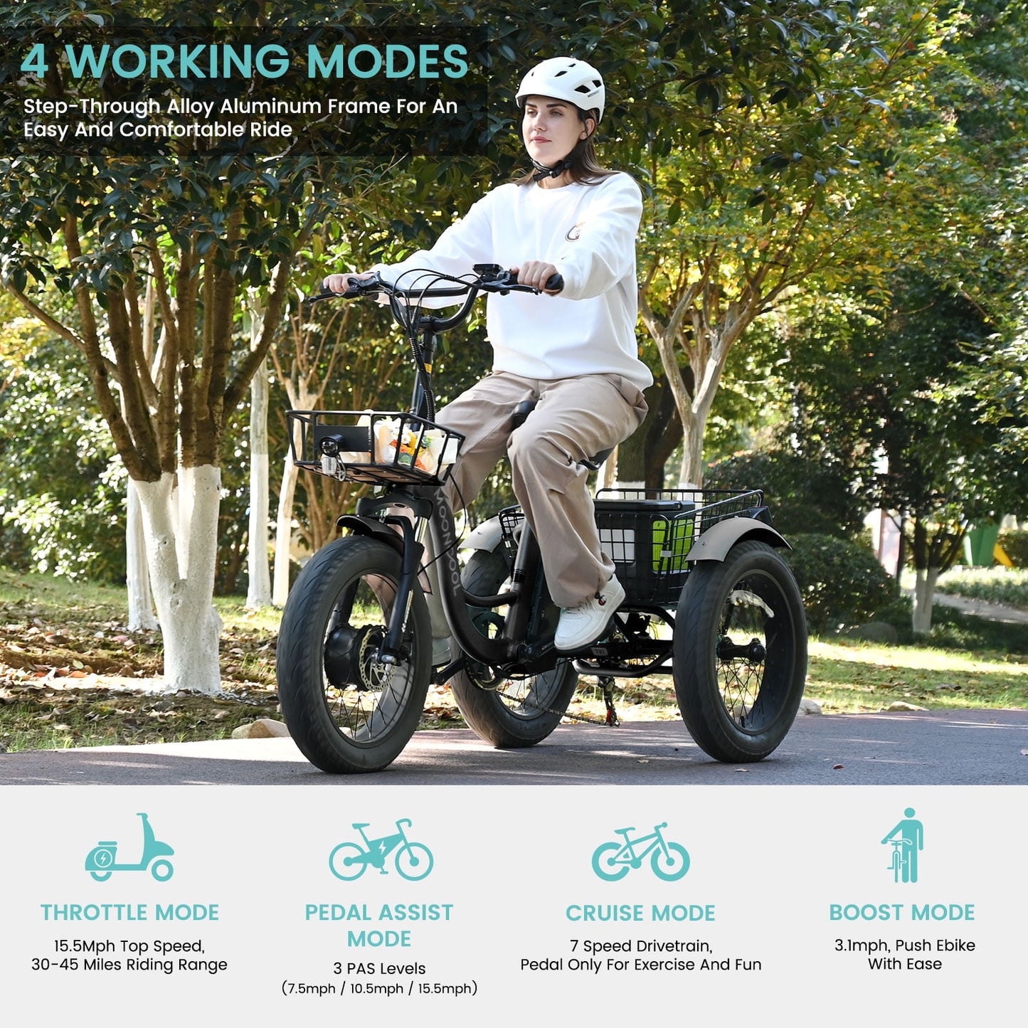 MOONCOOL All-Terrain Electric Tricycle for Adults, 1100w Motor 48V 14.5Ah Battery,7-Speed 20" x 4.0" Fat Tire 3 Wheel Electric Bike , 25-60 miles