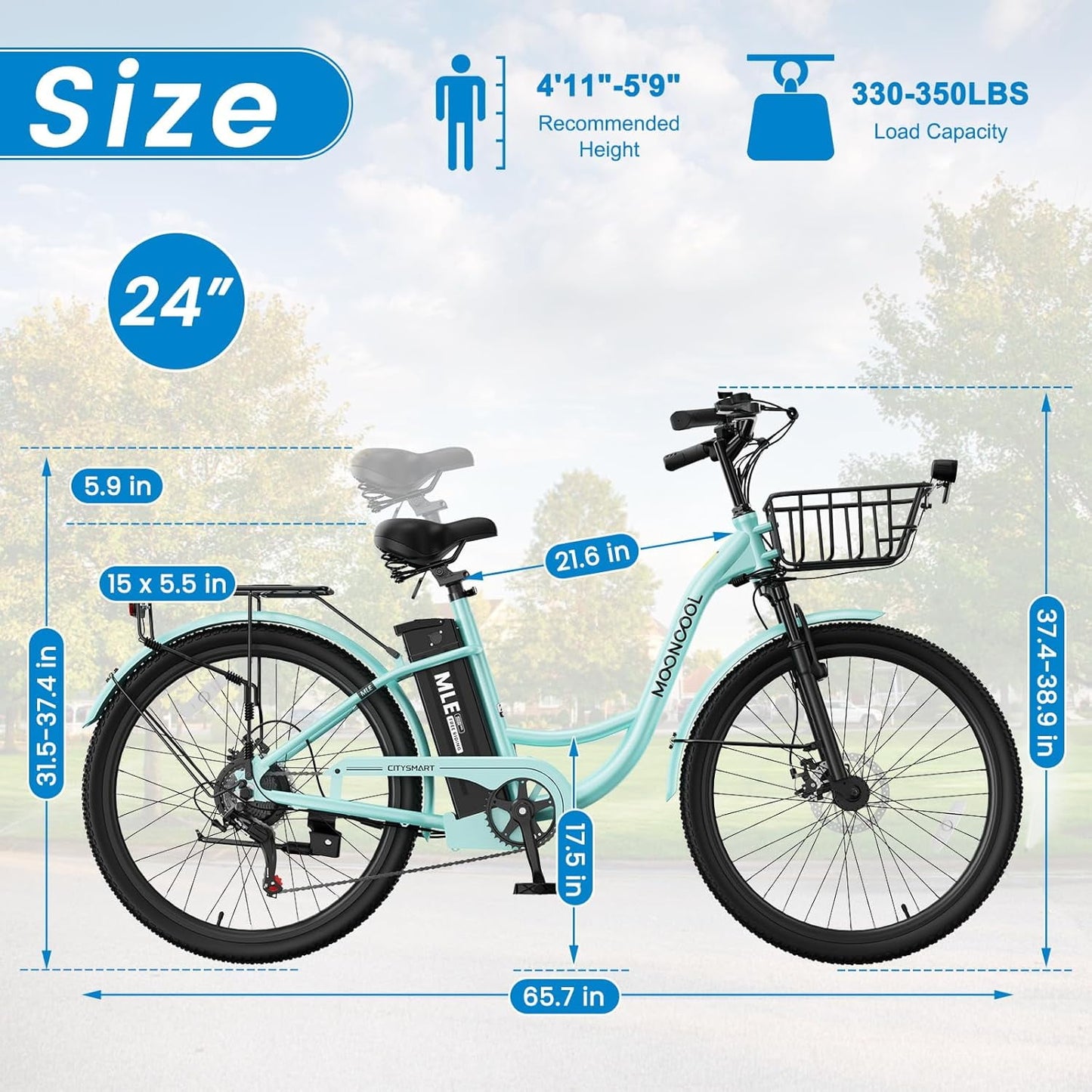 MOONCOOL Electric Bicycle for Adults 350W , 7-Speed Ebike with 36V 10.4Ah Removable Battery, 40 Miles Range , 20 mph Electric Commuter Bike for Women Men, UL2849