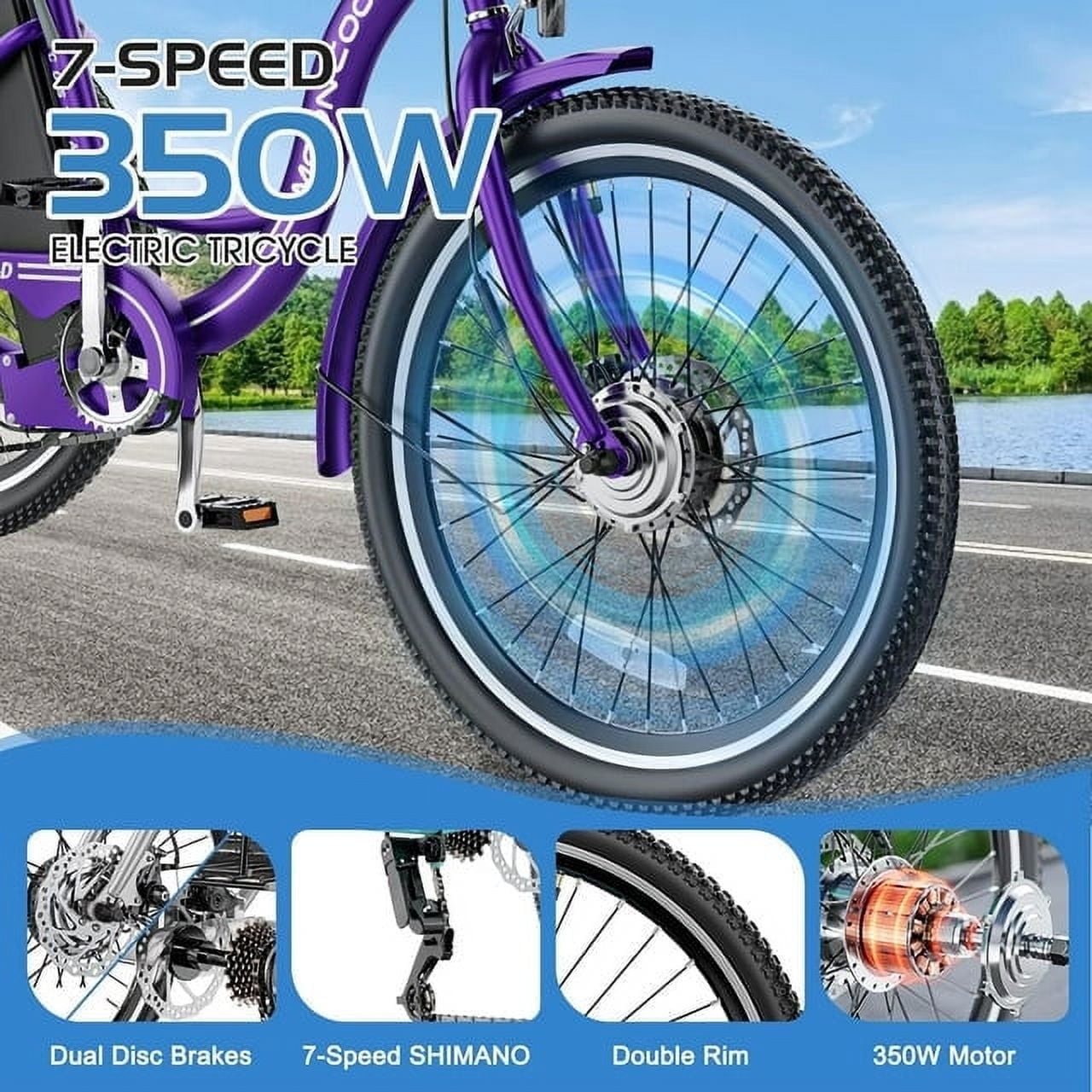 Lilypelle 24" 26" 3 Wheel Electric Tricycle for Adults, 350W 36V 7 Speeds Motorized Electric Trike Three Wheel Electric Bikes Bicycle with Large Basket for Women Men,Purple