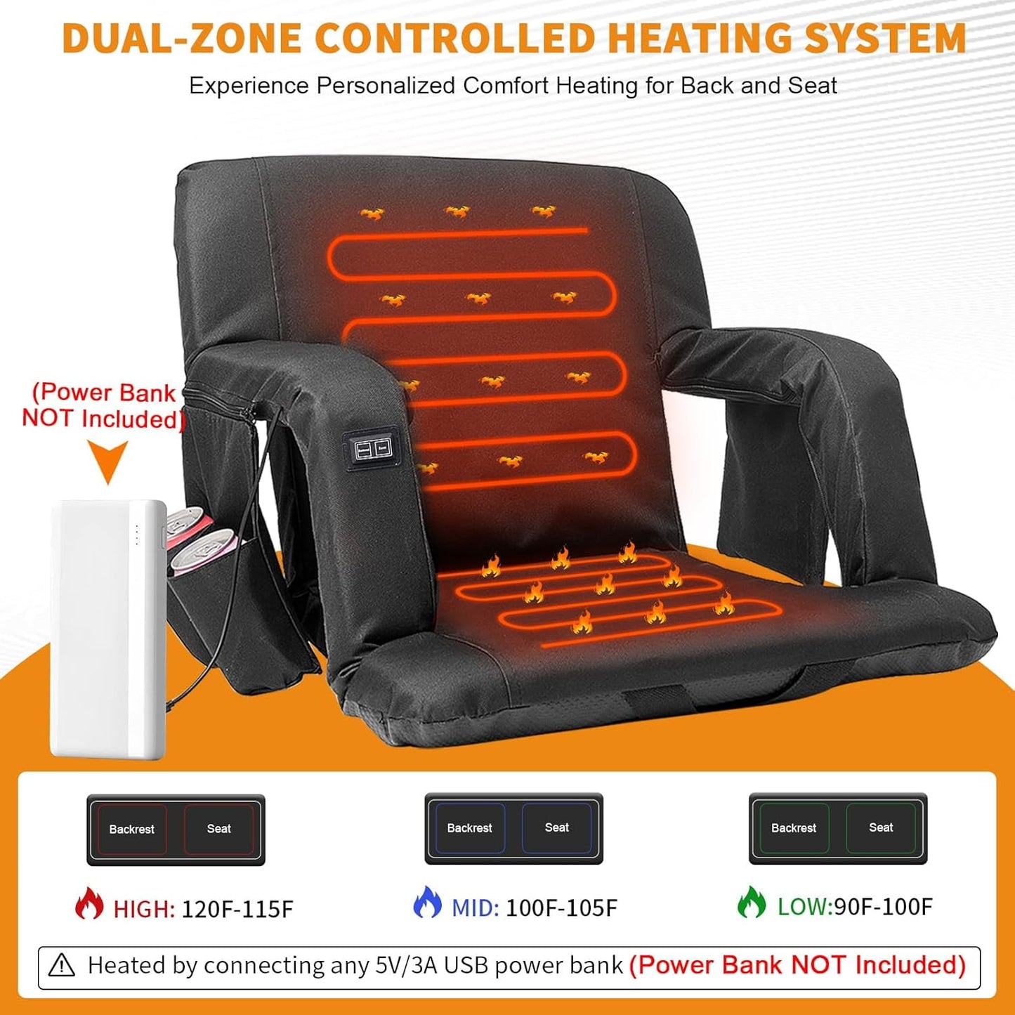 LILYPELLE 2Pcs Double Heated Stadium Seats for Bleachers with Back Support , Heated Stadium Chair for Outdoor Sport Events, 6 Reclining Positions, USB 3 Levels of Heat