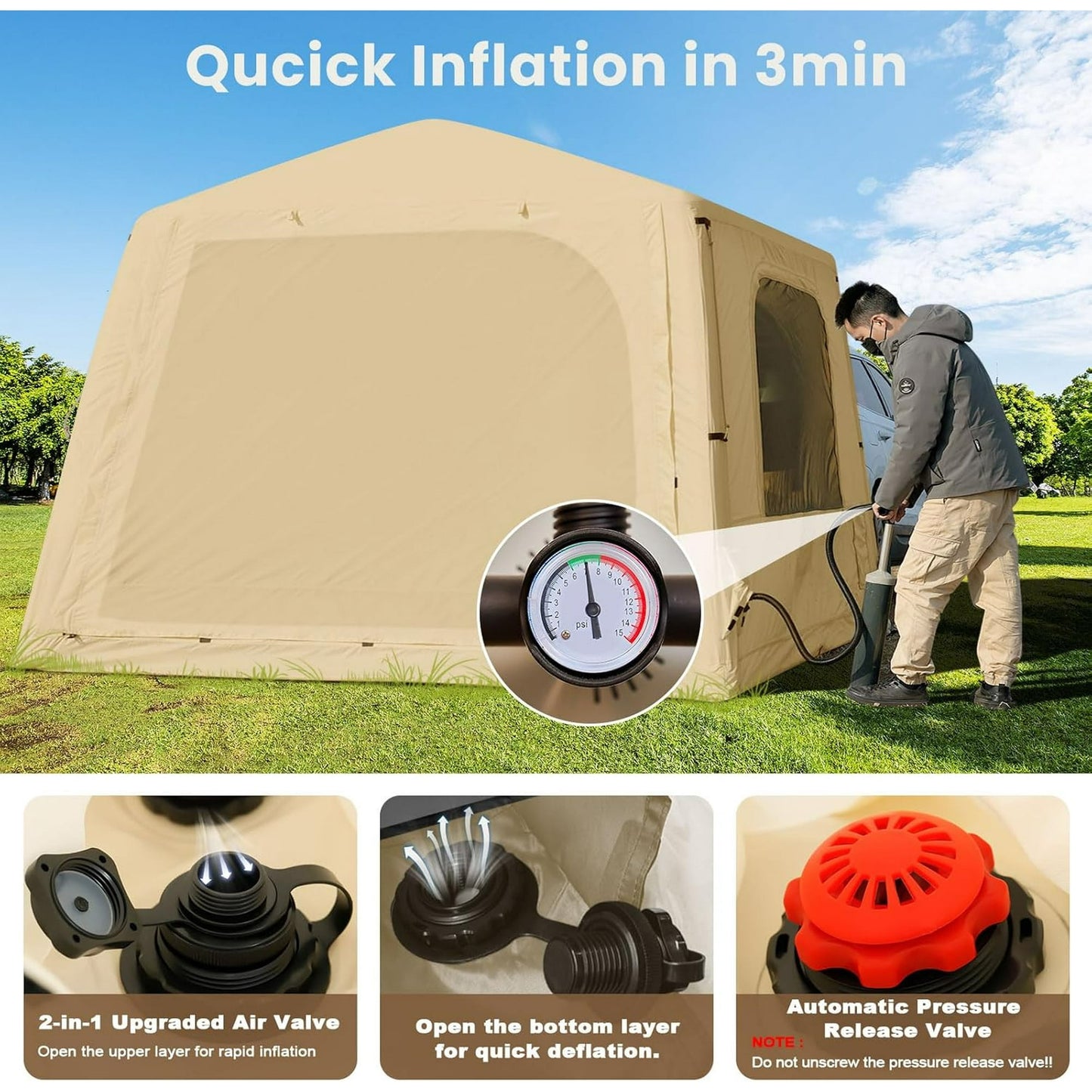 Lilypelle 4-6 Person Blow Up Inflatable Tent, 2-in-1 SUV Tailgate Hot Tent with Stove Jack, Easy Setup Camping Tent with Hand Pump, Waterproof Inflatable House for Outdoor