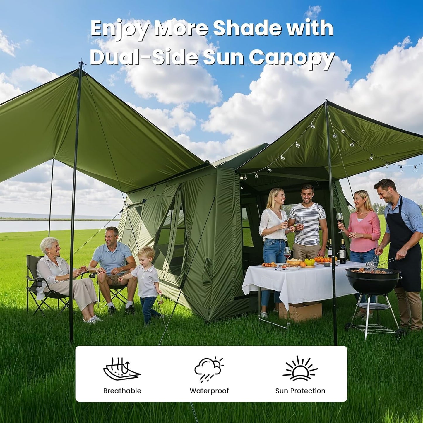 Lilypelle 8-10 Person Blow Up Inflatable Tent, with Removable Canopy and Stove Jack, 2 Room Instant Setup Air Cabin, Waterproof Oxford Hot Camping Tent for Family Glamping