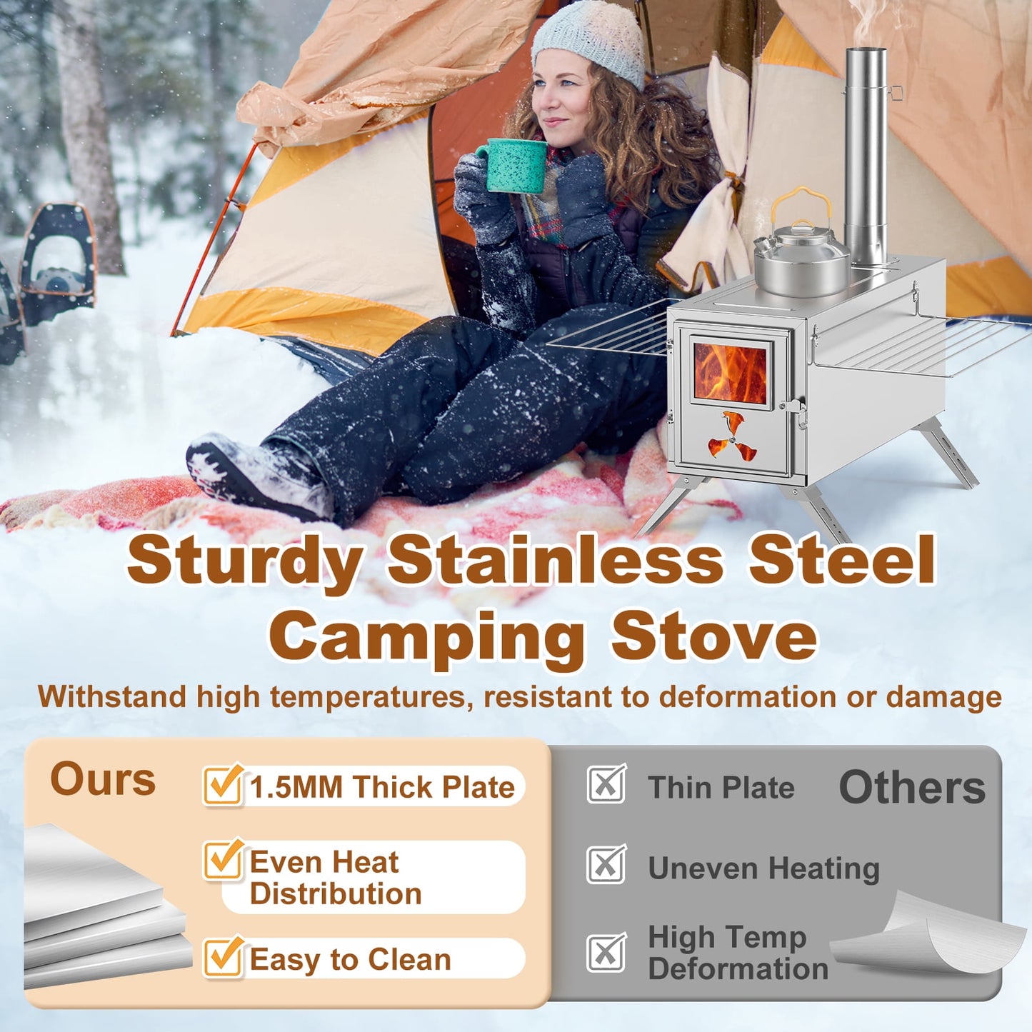 Lilypelle Portable Wood Stove Camping Hot Tent BBQ Stove with 7 Chimney Pipe for Tents, Travel, Camping