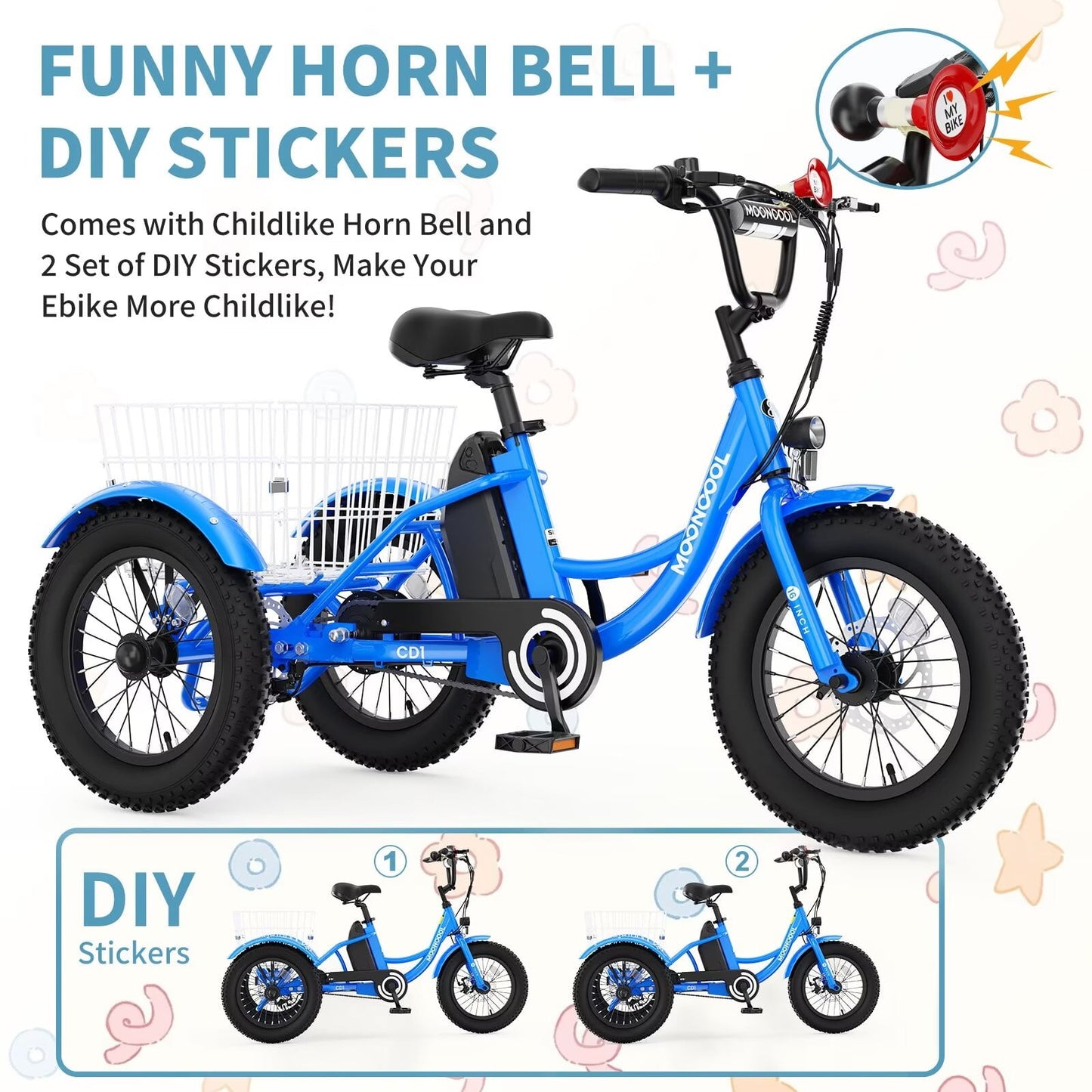 Lilypelle Electric tricycle for Kids , 6/9/12Mph three wheel electric bike w/ 250W motor，24V 10.4Ah Battery, Headlights & Horn, Large Rear Basket ,2 sets of DIY stickers,16"x3" Wheel,30Miles
