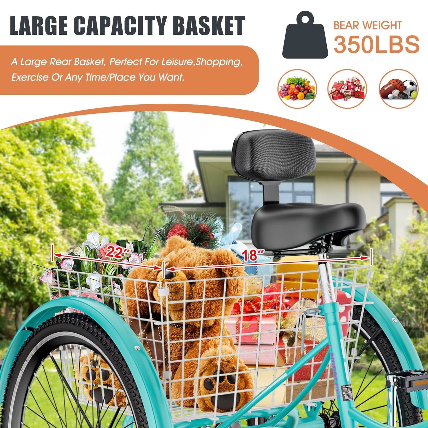 Lilypelle Adult Tricycles 7-Speed 20/24/26 in Three Wheel Unisex Adult Bike with Large Basket,Cyan