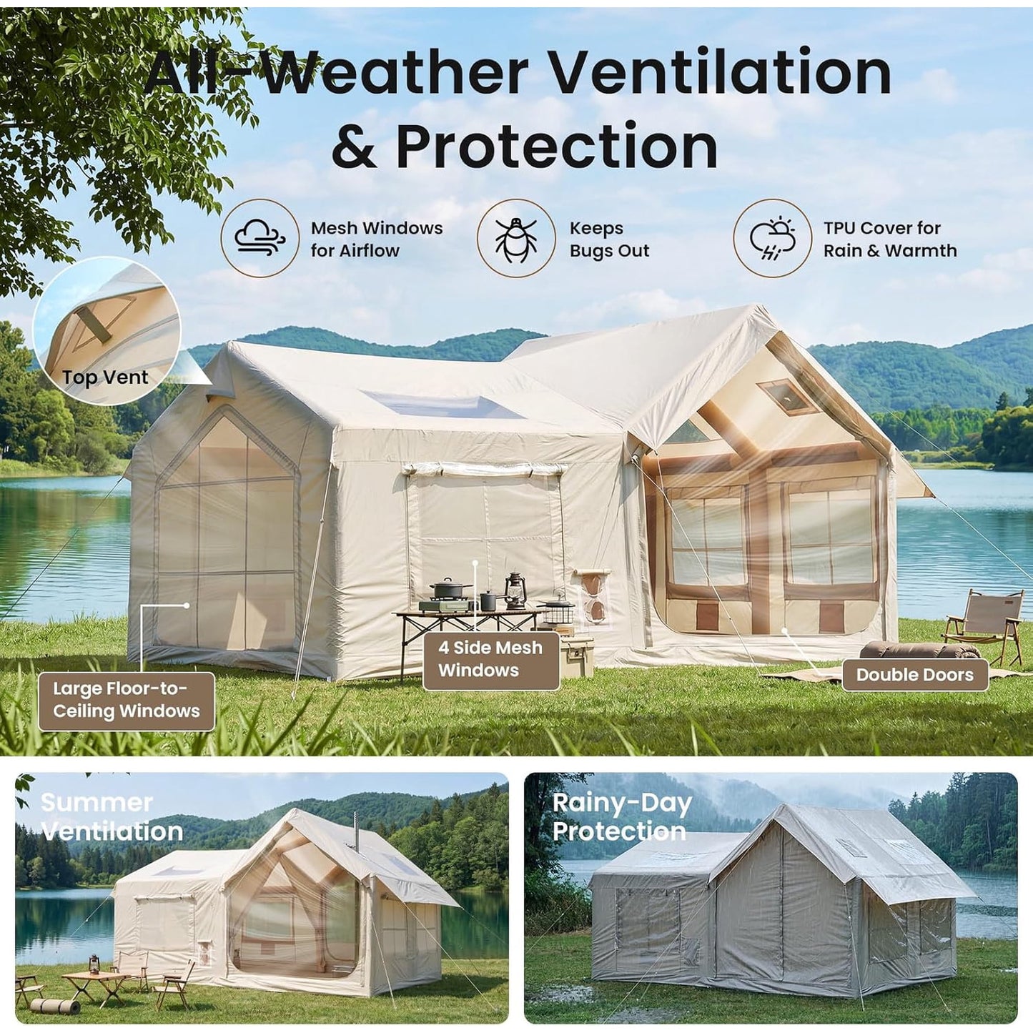 Lilypelle 6-8 Person Blow Up Inflatable Villa Tent, 2 Room Hot Tent with Stove Jack & AC Port, Large Camping Tent with Hand Pump, Waterproof Air House for Family Glamping,13.78x9.84ft