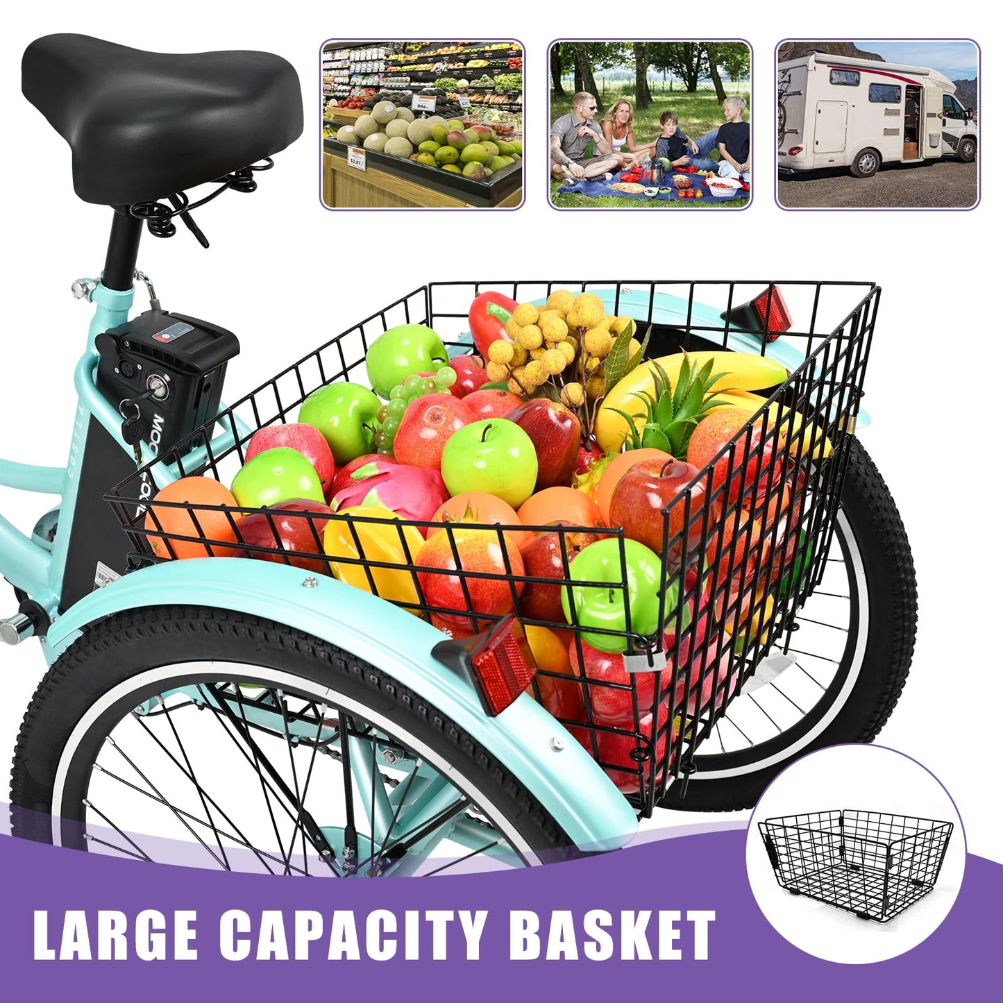 Lilypelle Electric Tricycle for Adults, 350W 36V Electric Trike Motorized Three Wheel Electric Bicycle, 7 Speeds 3 Wheels Adult Electric Tricycle with Large Basket,Cyan