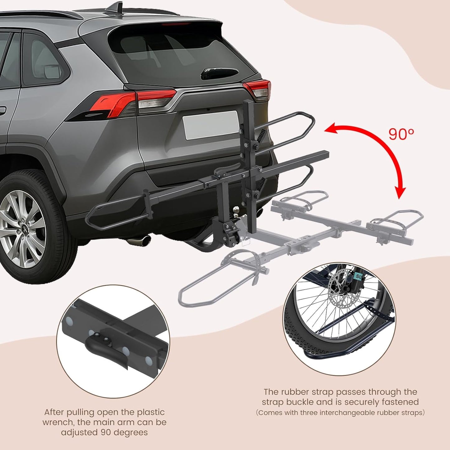 MOONCOOL Folding Hitch Trike Rack, 170 lbs Capacity, Fits Up to 5" Fat Tires and 42"-59" Wheelbase, Rear Bike Carrier for Adult Tricycles, 2" Receiver Mount for Cars, SUVs, Vans, RVs, Black