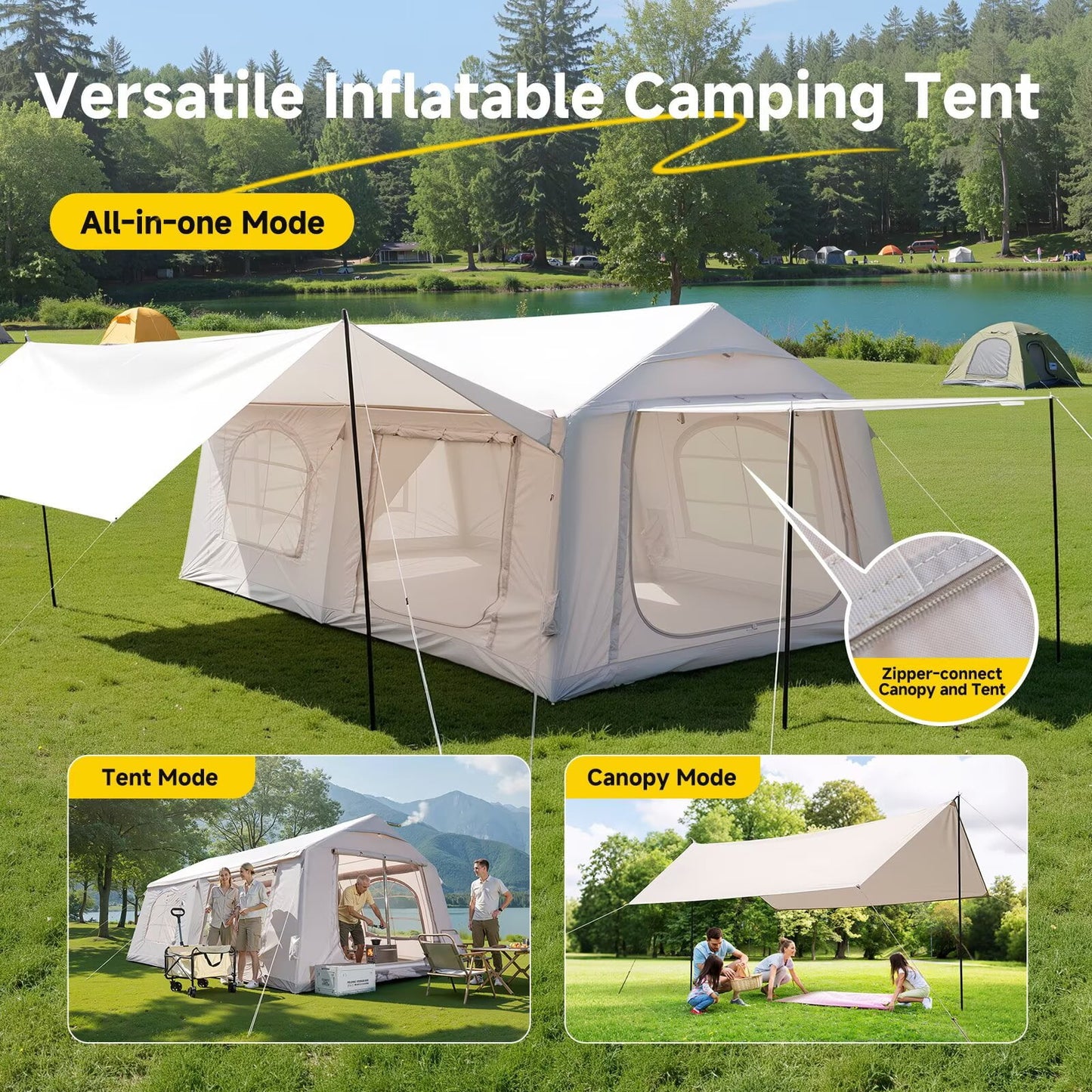 Lilypelle 10 Person Blow Up Camping Inflatable Tent w/ Stove Jack & AC Port,13.8′x 10.5 x 6.9′Waterproof Oxford 2 Room Air Tent,Easy Setup Glamping Inflatable House