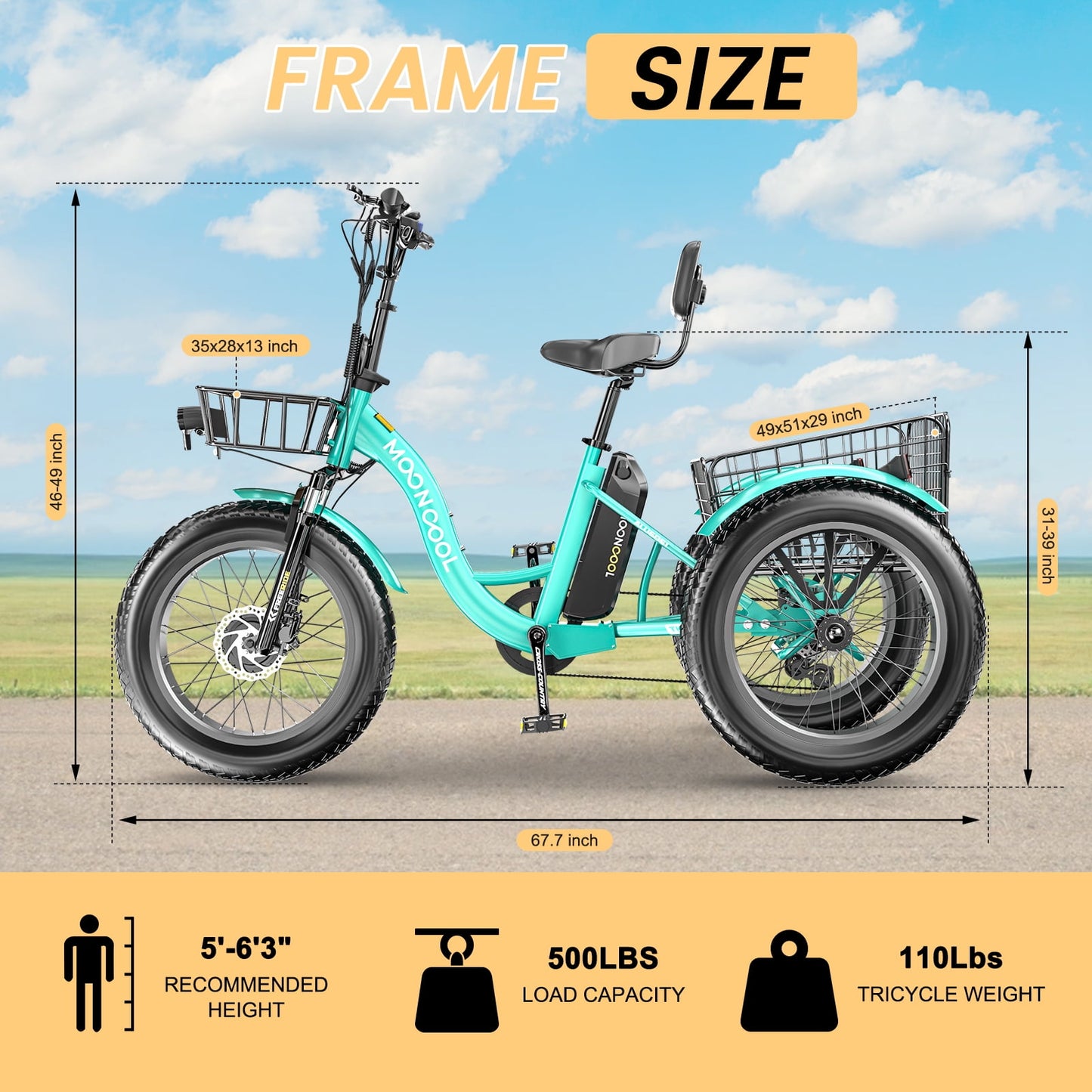 Lilypelle 7-Speed Electric Tricycle with 20" x 4" Fat Tires for Adults,500W 48V 14.5Ah Lithium Battery ,3 Wheels Electric bike with Front & Rear Basket for Men, Women,Senior