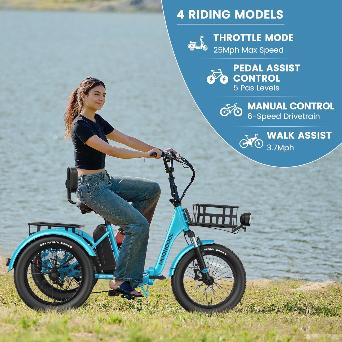 MOONCOOL TK Pro Electric Tricycle for Adults, 750W（Peak 1500W) Motor 48V 20Ah Battery, 20in Fat Tire Three Wheel Electric Bicycle , Foldable Electric Mountain Trike with Front & Rear Basket, UL2849
