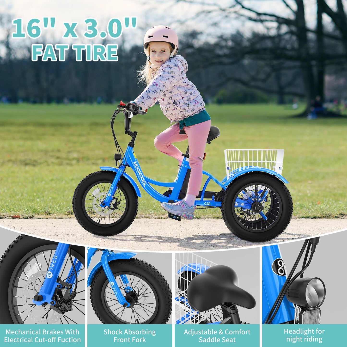 MOONCOOL Electric Tricycle for Kids ,16"x3" 3 Wheel 250W 10.4Ah Etrike W/ LED headlight & Rear Basket & horn bell & DIY stickers，6/9/12.5 MPH