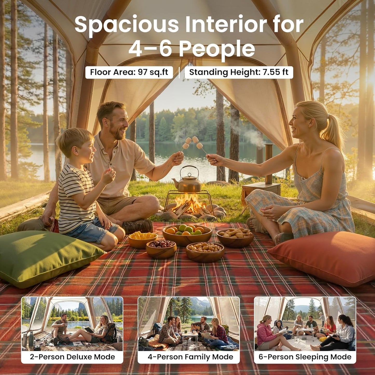 Lilypelle 4-6 Person Inflatable Camping Tent, 9.8ft x 9.8ft x 7.6ft Easy Setup Blow Up Tent with Hand Pump, PU3000mm Waterproof & Breathable 4 Season Glamping Tent for Outdoor Camping