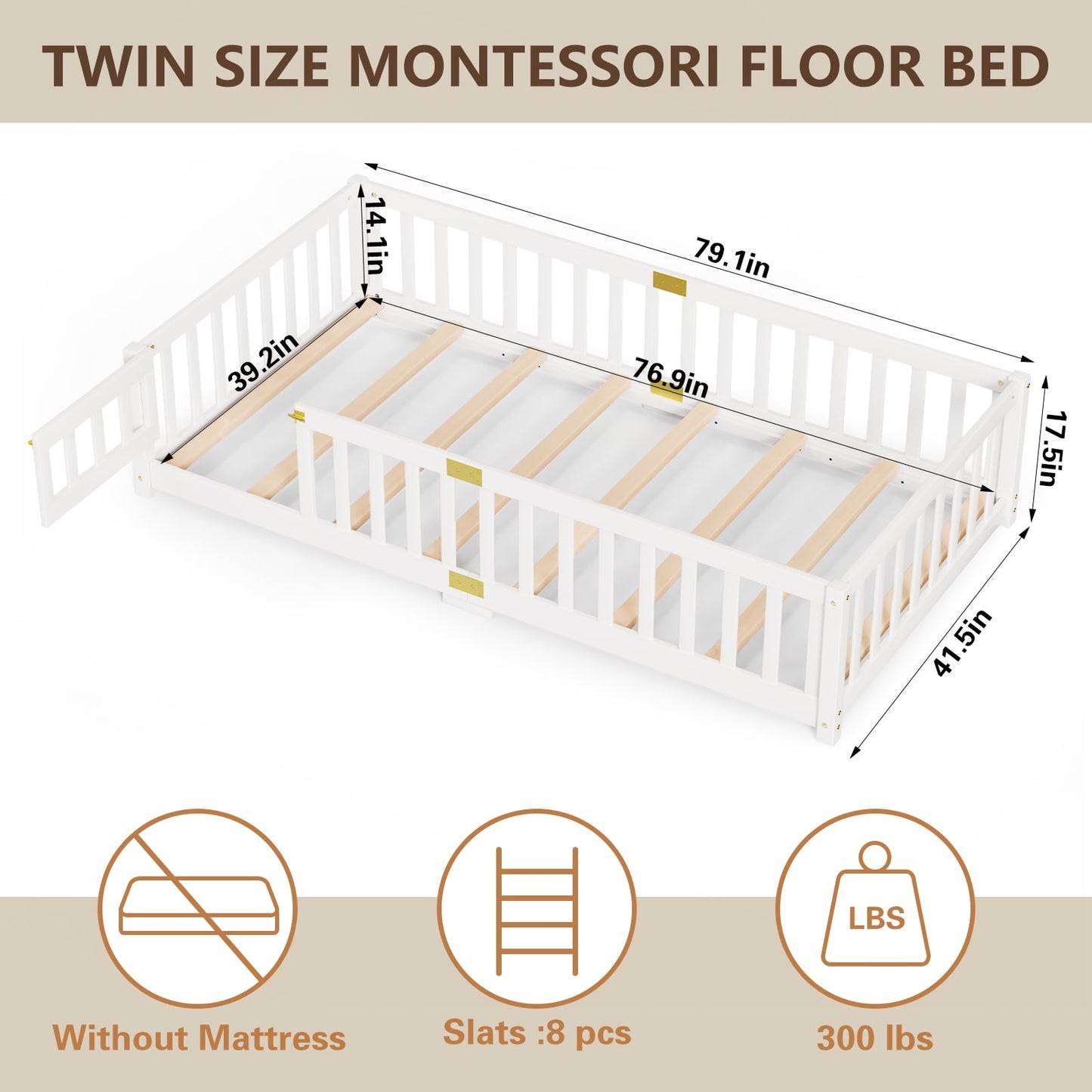 Lilypelle Twin Floor Bed for Kids, Montessori Floor Bed with Guard Rails, Floor Bed Frame for Kids, Boys, Girls